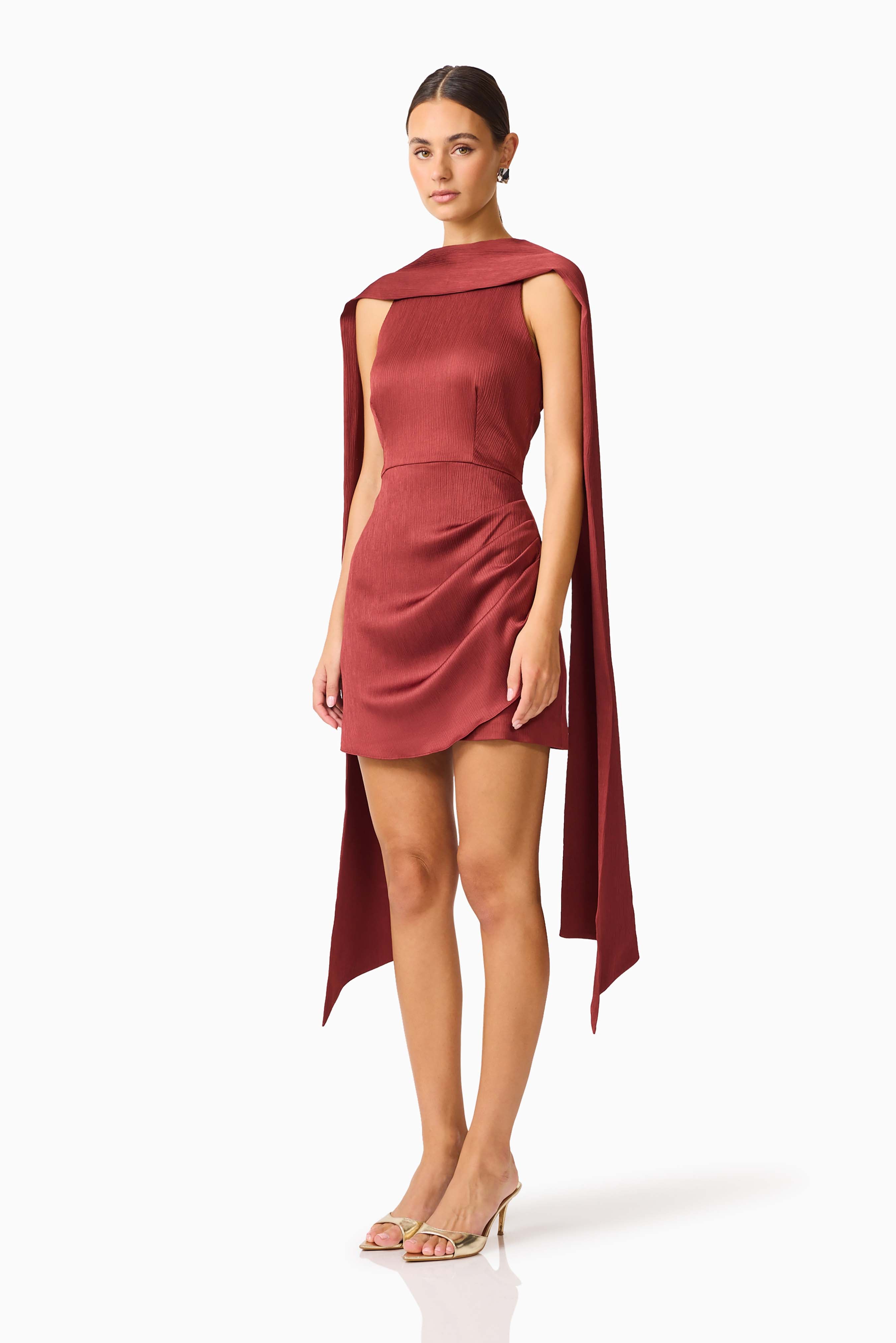 Calista Neck Scarf Mini Dress in Burgundy