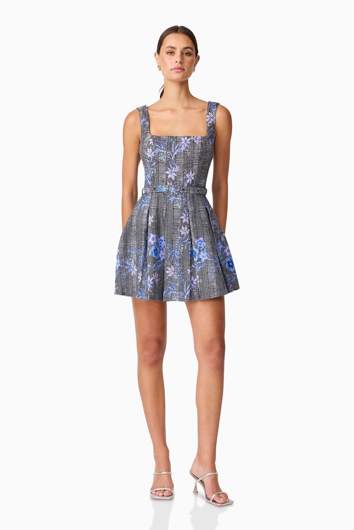 Allana Jacquard Mini Dress in Black & Blue Floral