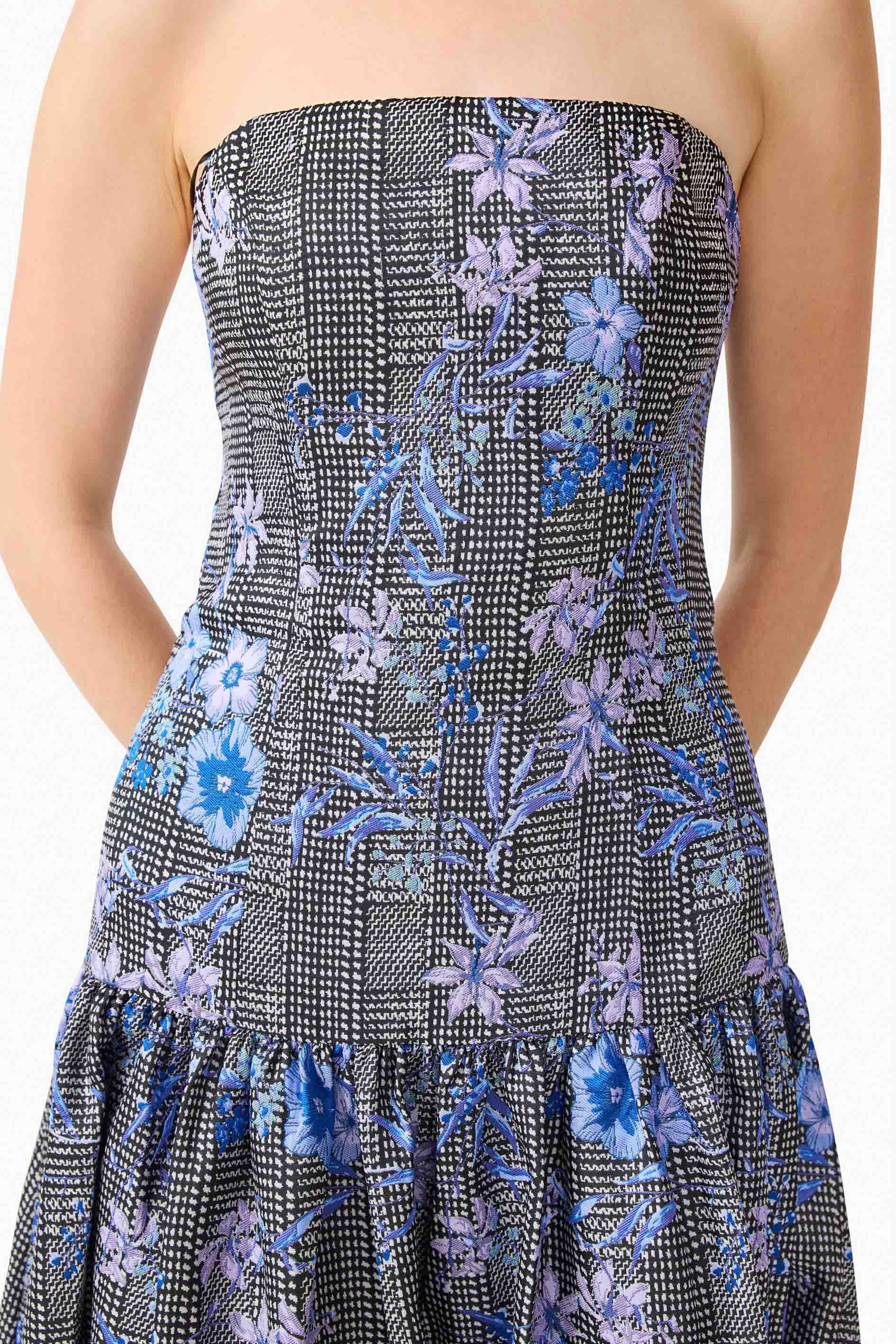 Allana Jacquard Strapless Gown in Black & Blue Floral