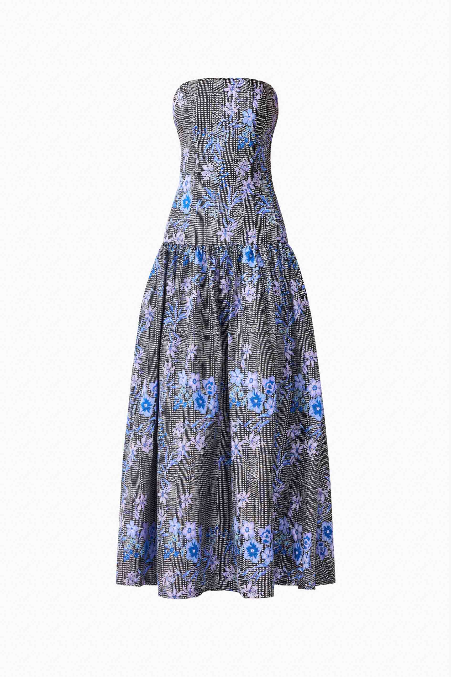 Allana Jacquard Strapless Gown in Black & Blue Floral