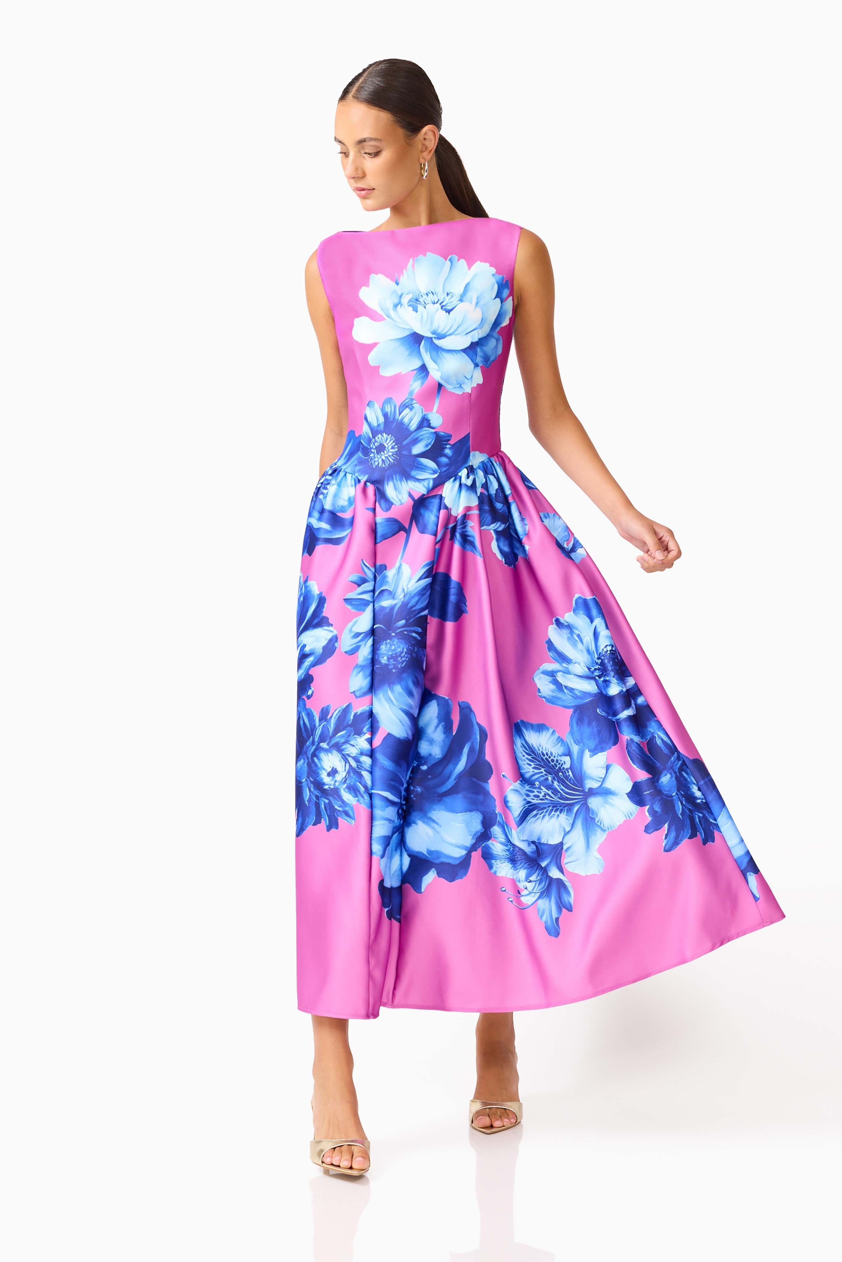 Sybella A-Line Midi Dress in Pink & Blue Floral
