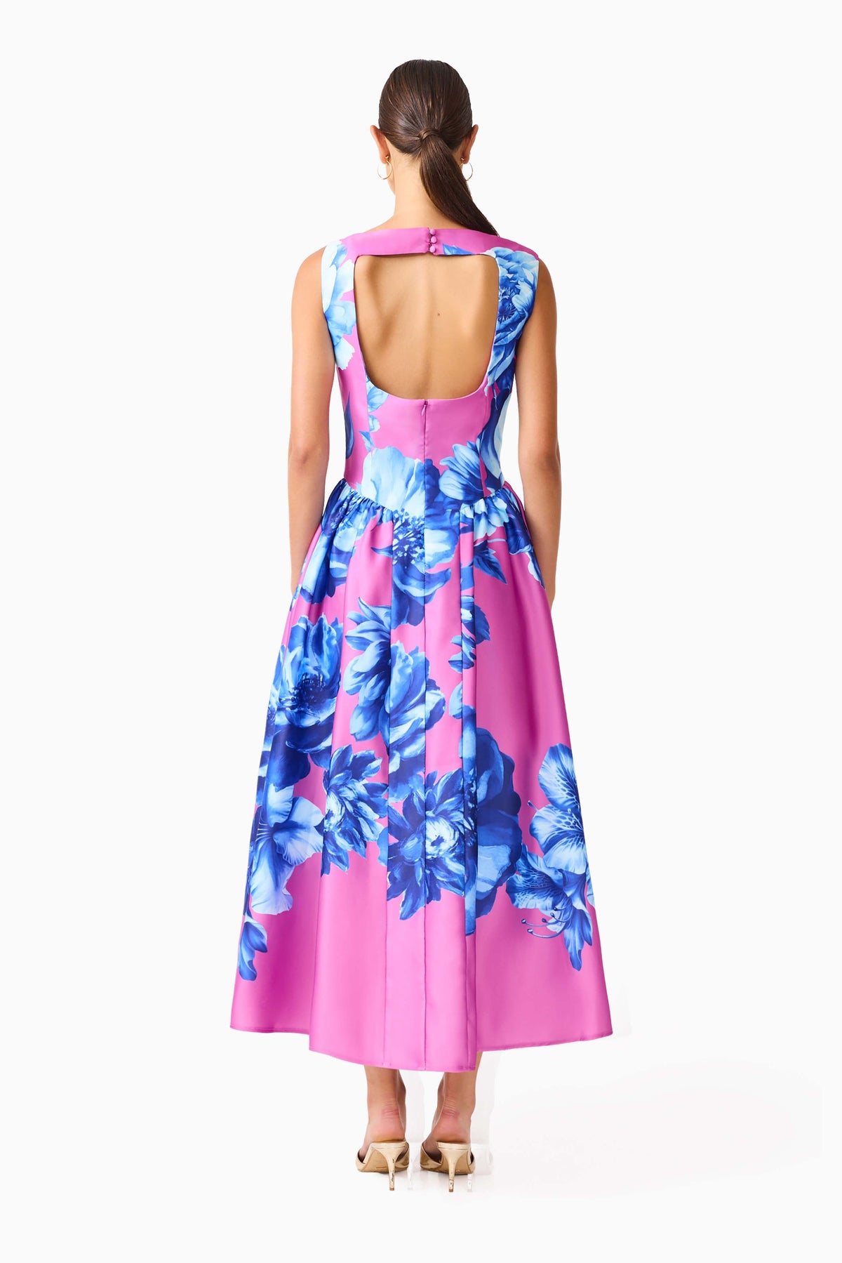 Sybella A-Line Midi Dress in Pink & Blue Floral