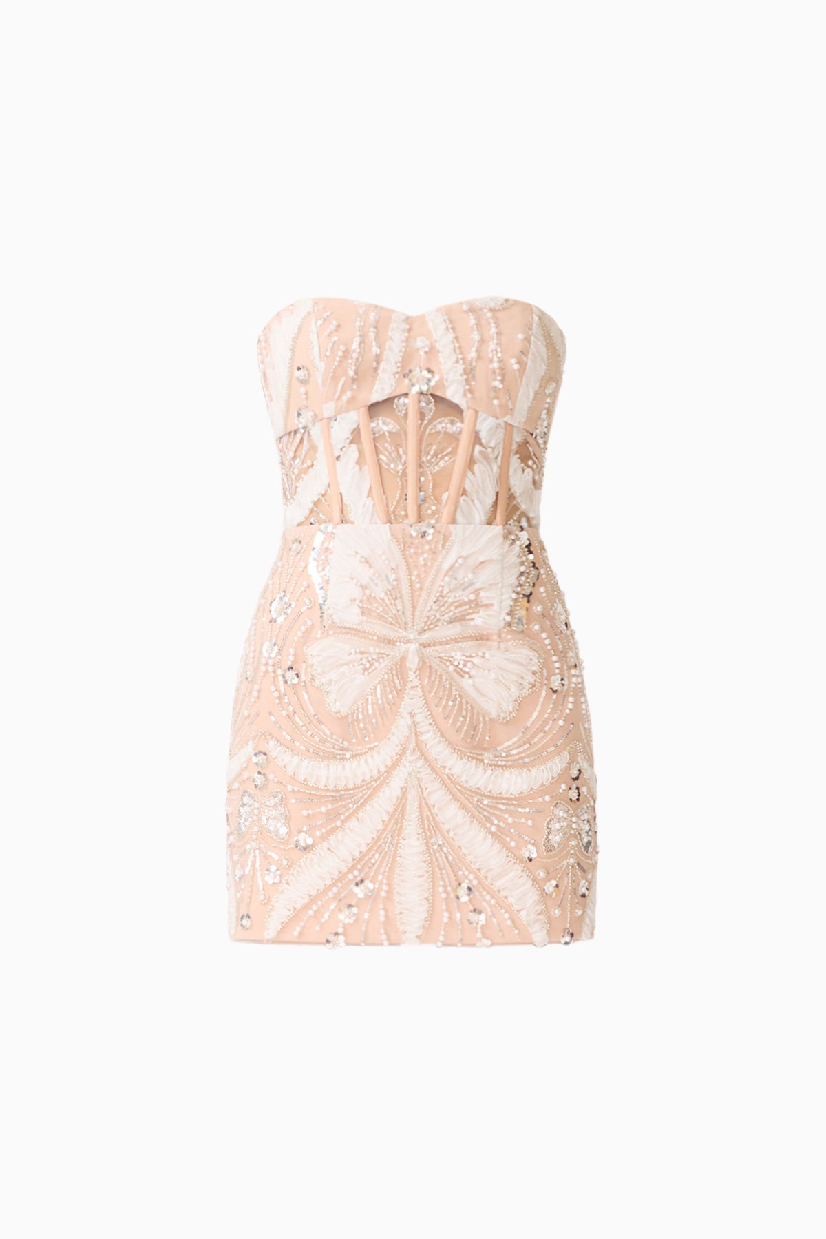 Orvella Embellished Mini Dress in White & Beige