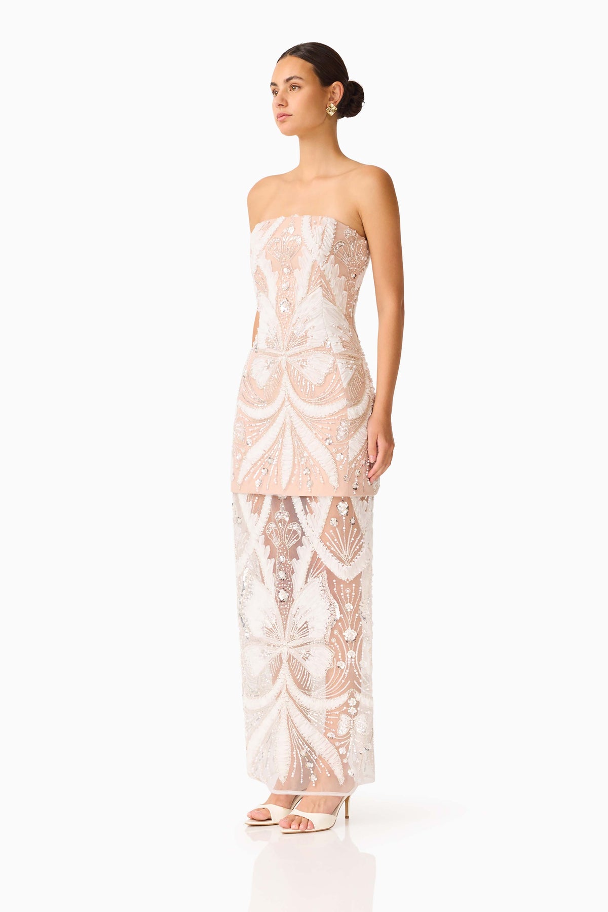Orvella Embellished Maxi Dress in White & Beige