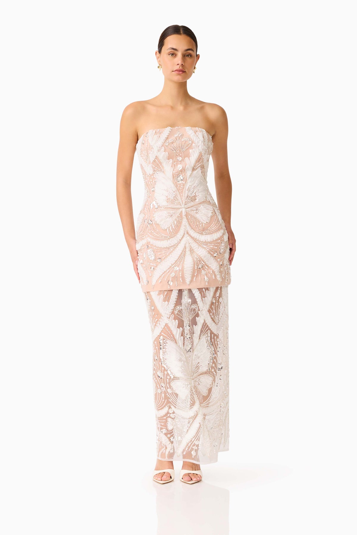 Orvella Embellished Maxi Dress in White & Beige
