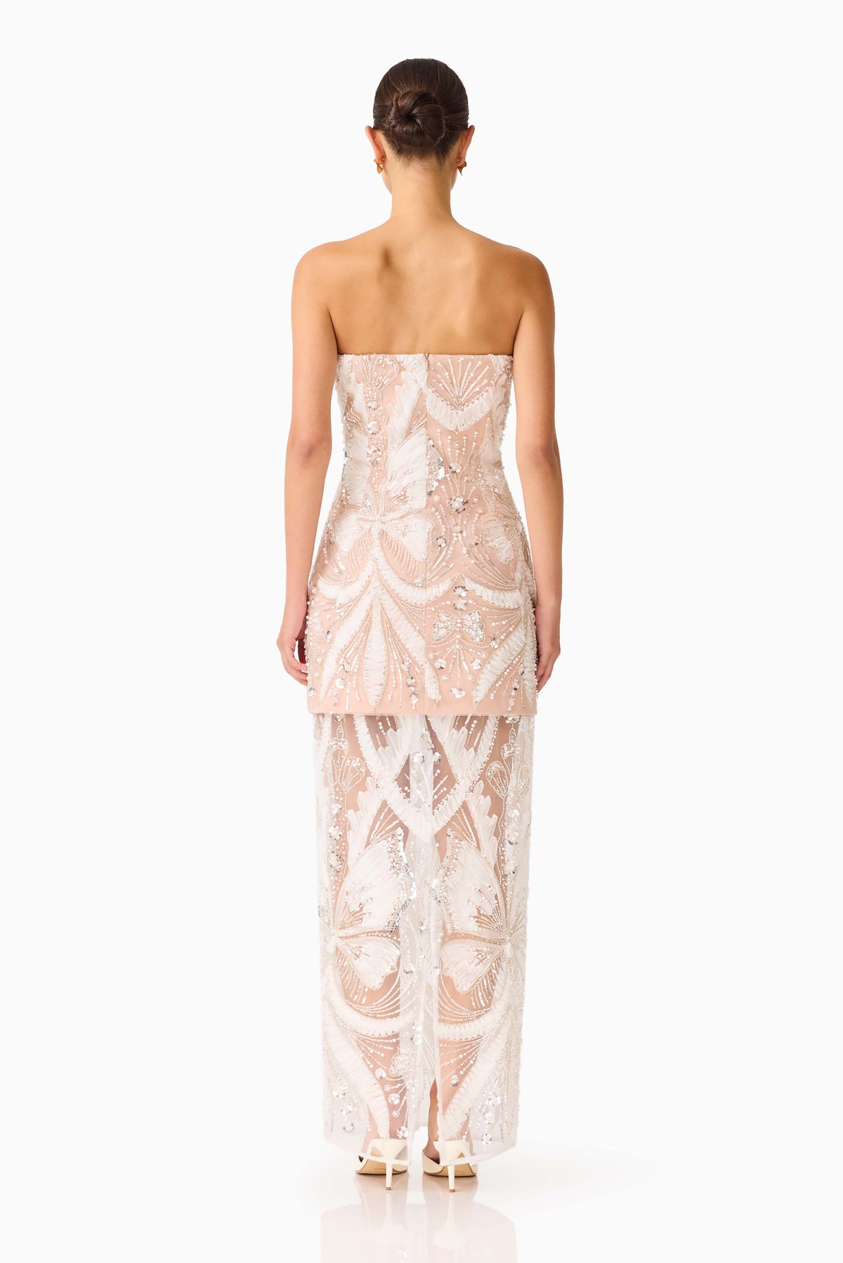 Orvella Embellished Maxi Dress in White & Beige