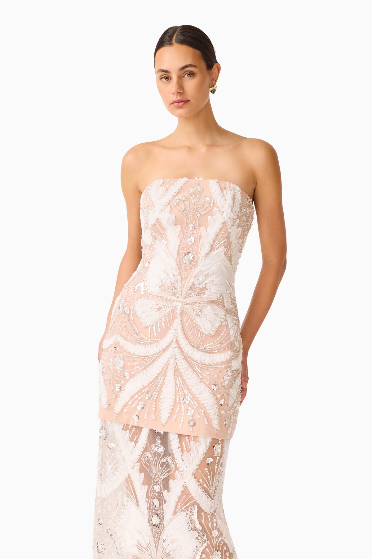 Orvella Embellished Maxi Dress in White & Beige