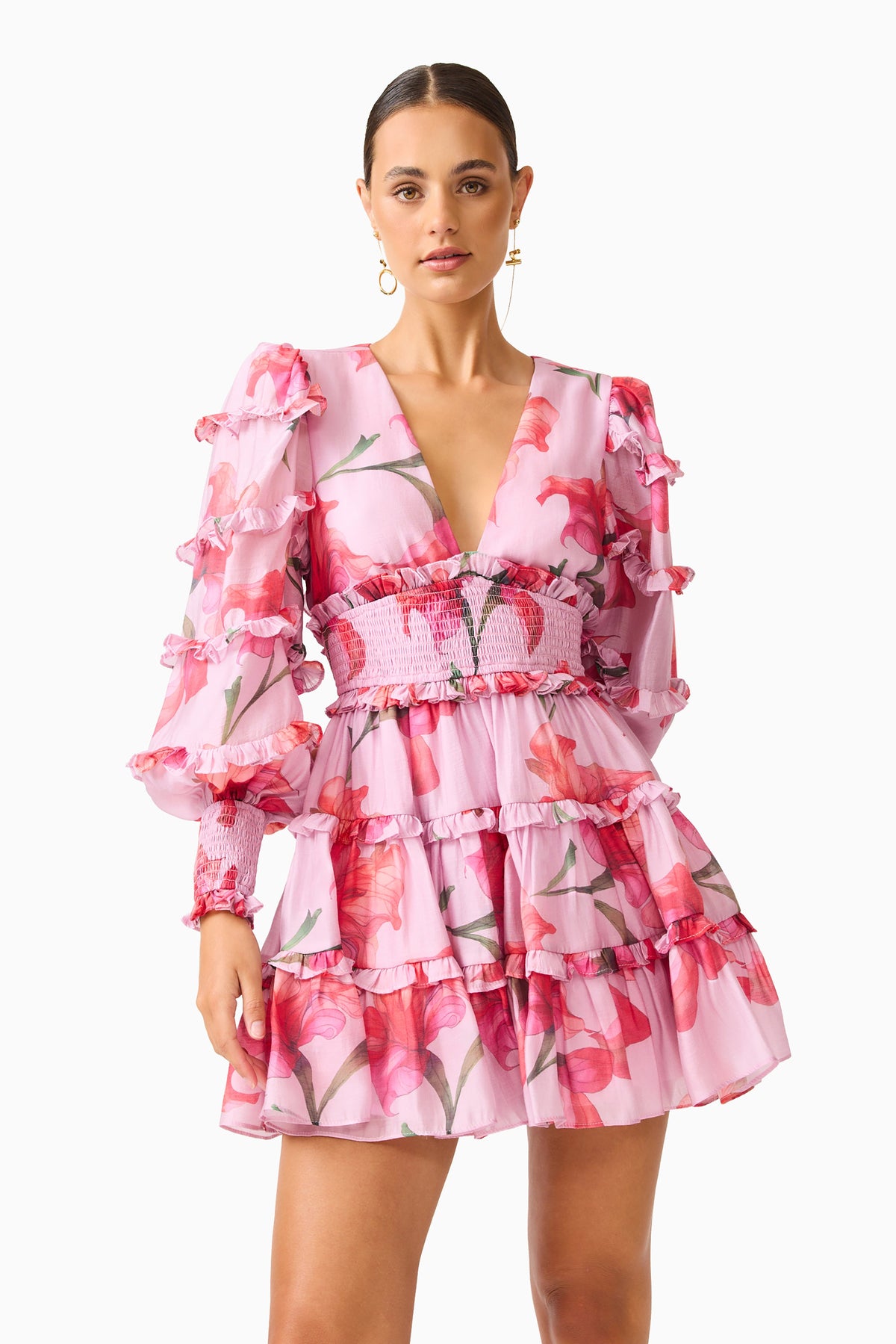 Fleuris Long Sleeve Mini Dress in Pink Floral