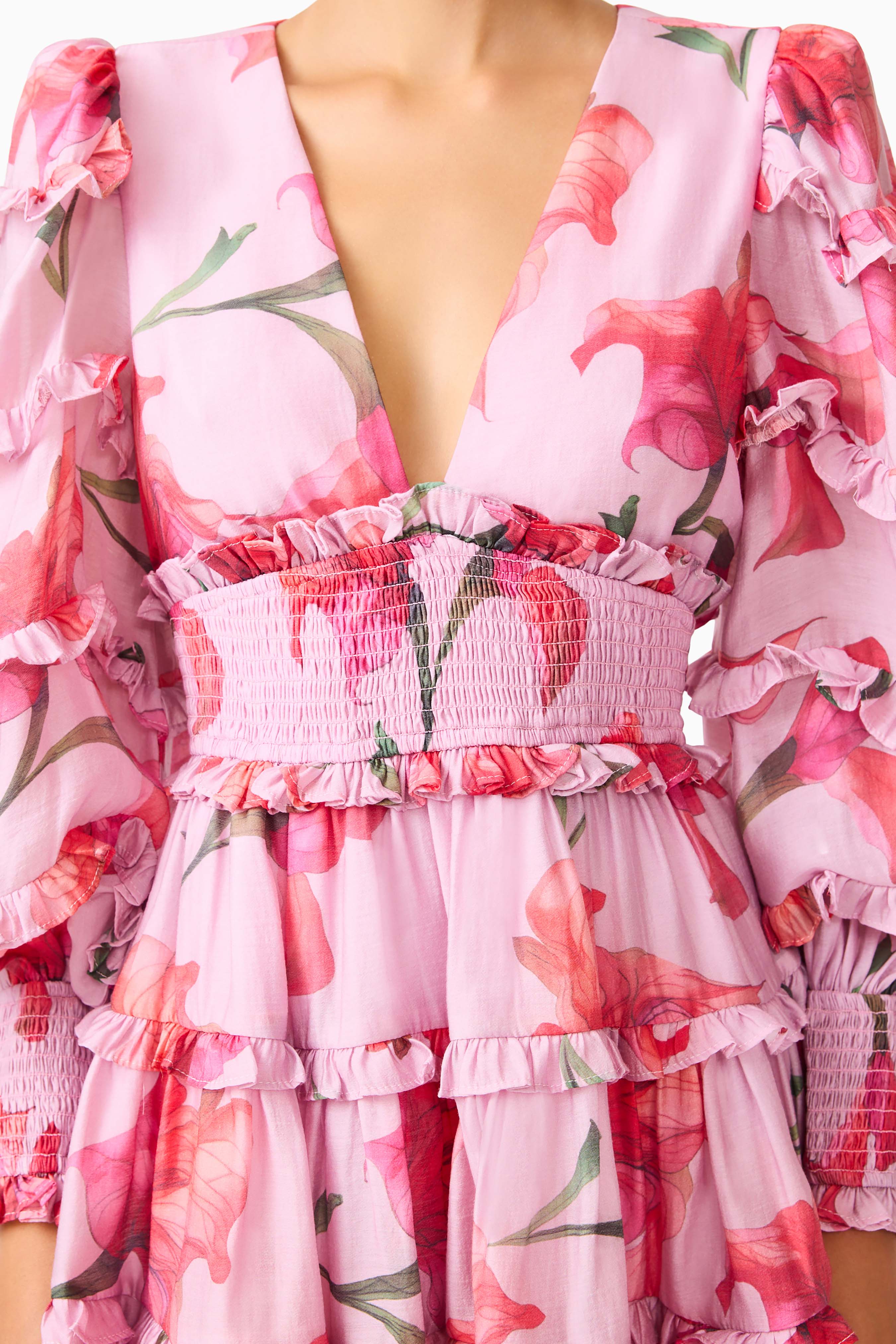 Fleuris Long Sleeve Mini Dress in Pink Floral