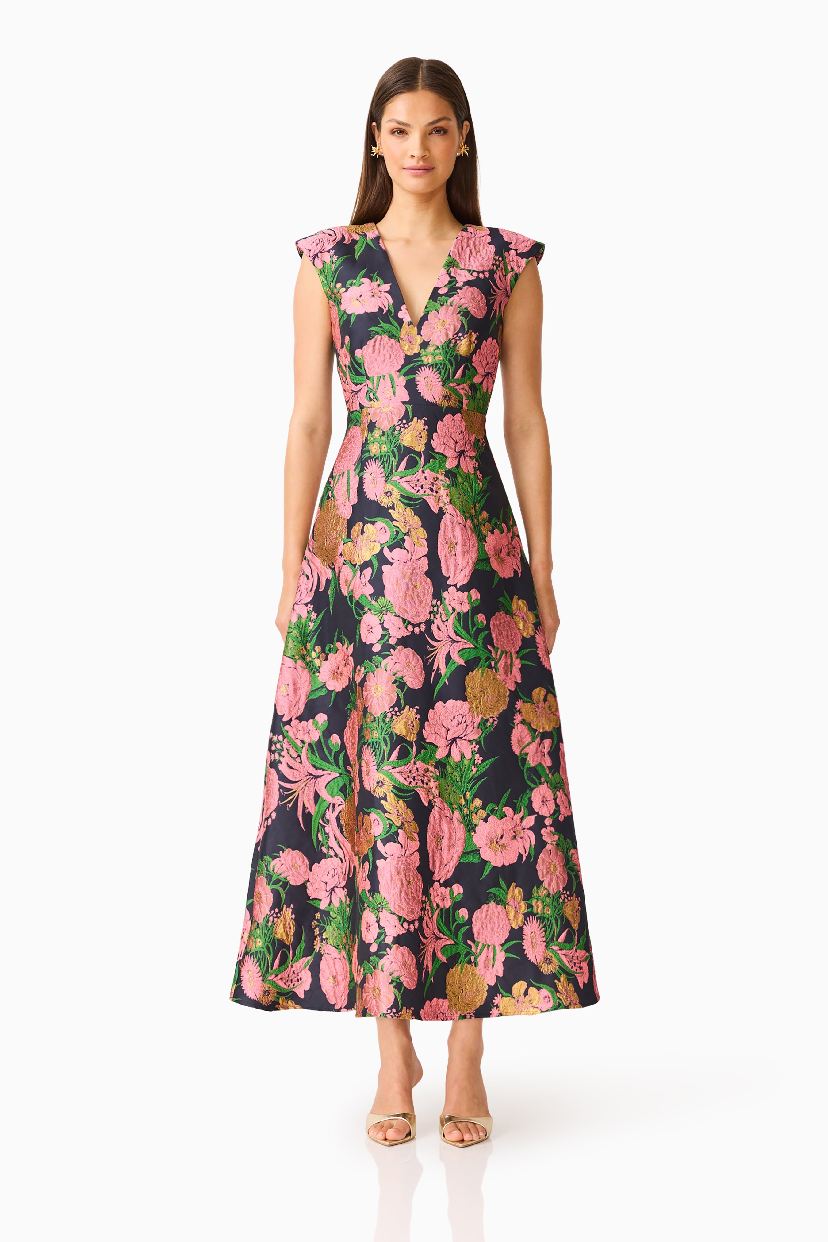 Eclore V-Neck Maxi Dress in Pink & Black Floral