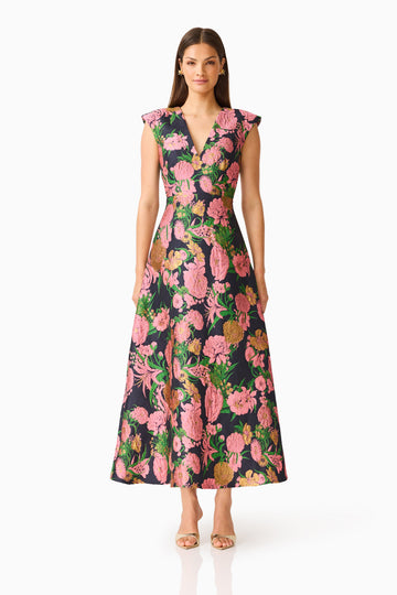 Eclore V-Neck Maxi Dress in Pink & Black Floral