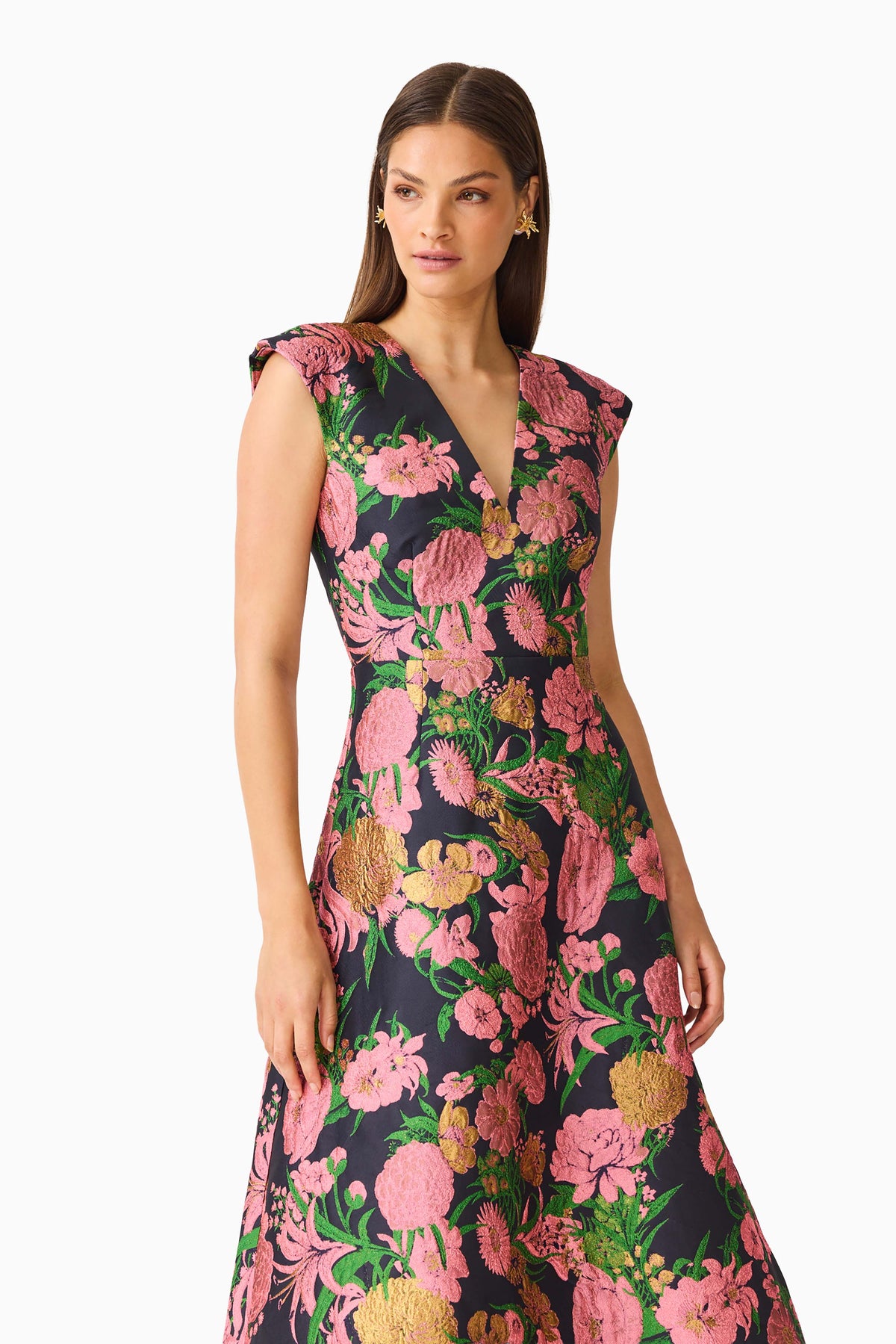 Eclore V-Neck Maxi Dress in Pink & Black Floral