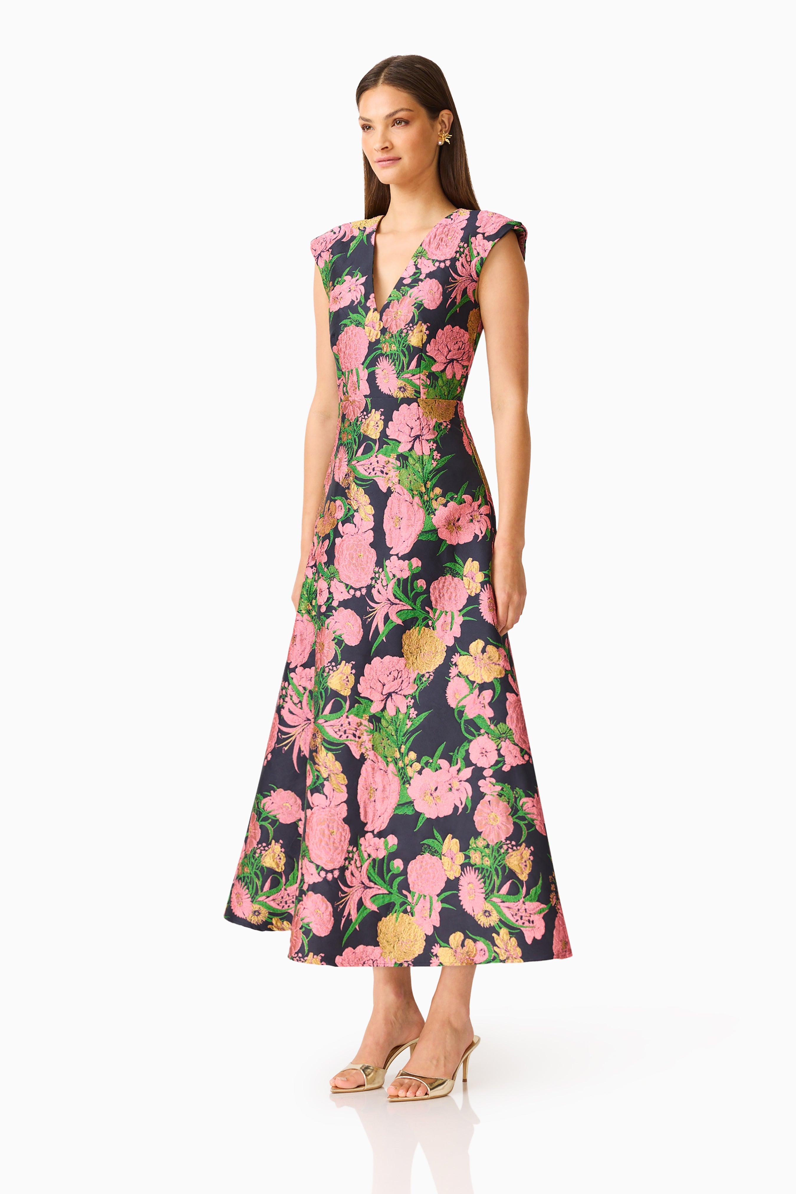 Eclore V-Neck Maxi Dress in Pink & Black Floral