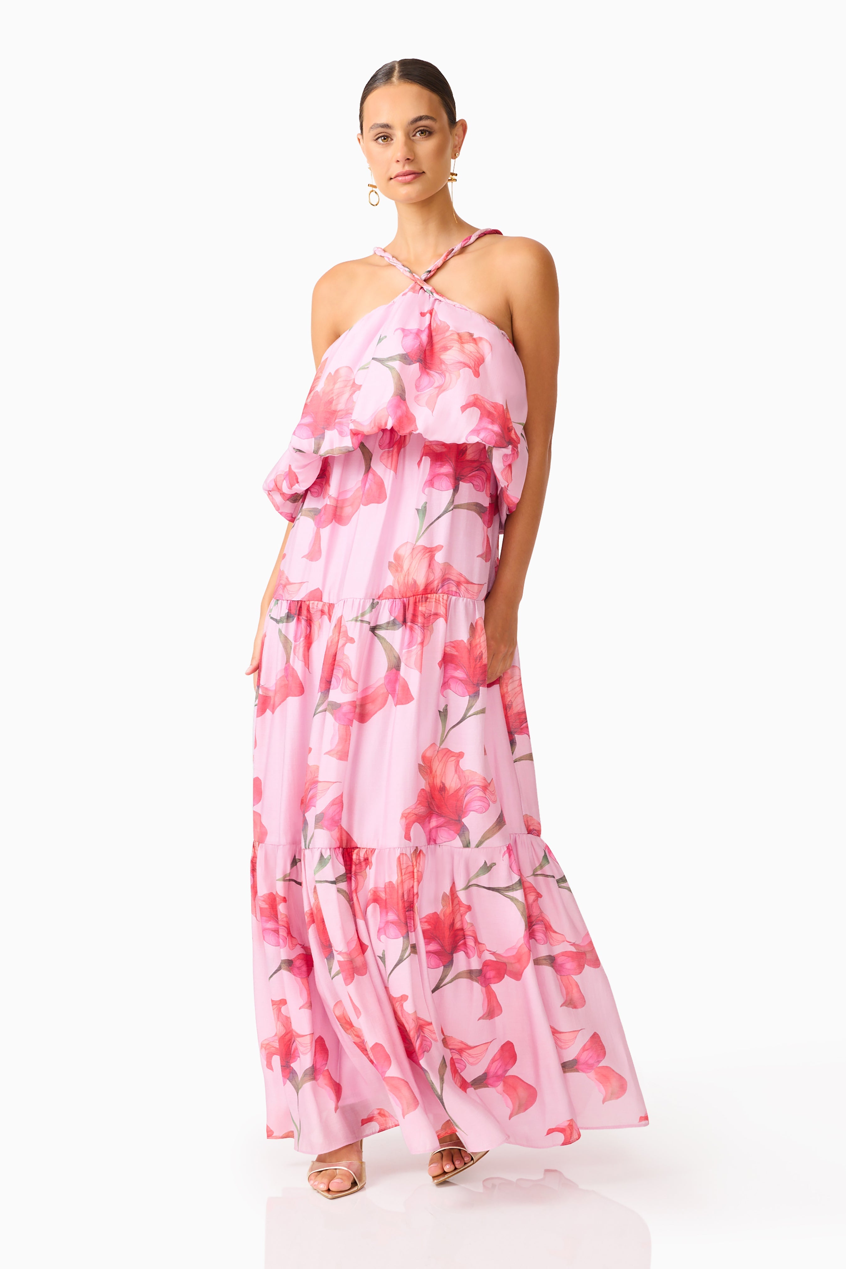Fleuris Halter Maxi Dress in Pink Floral