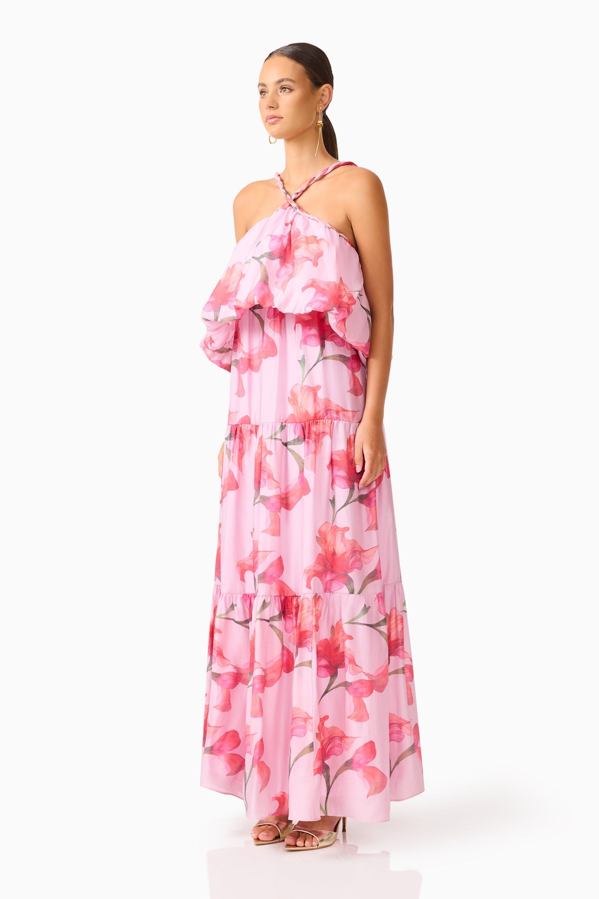 Fleuris Halter Maxi Dress in Pink Floral