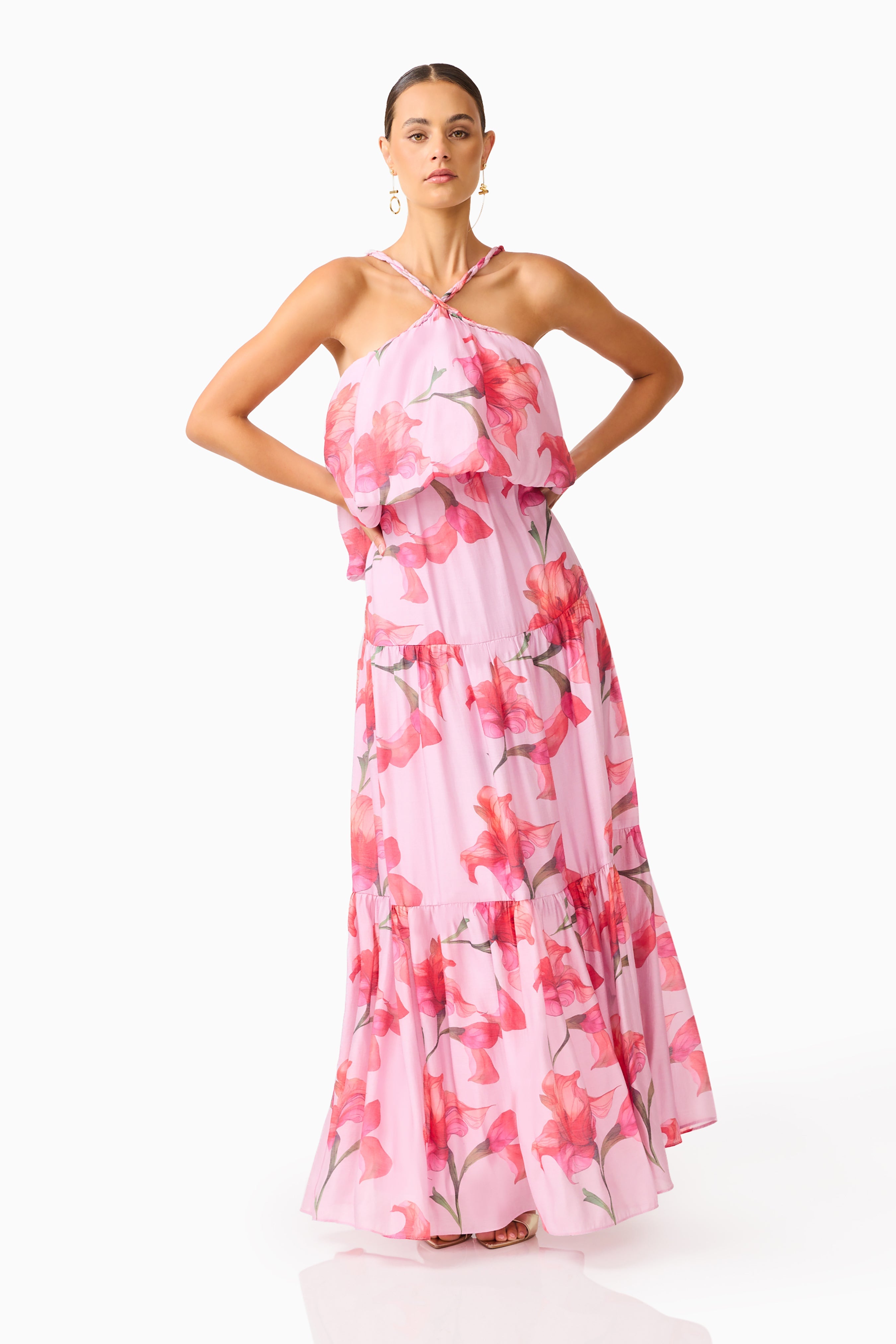 Fleuris Halter Maxi Dress in Pink Floral