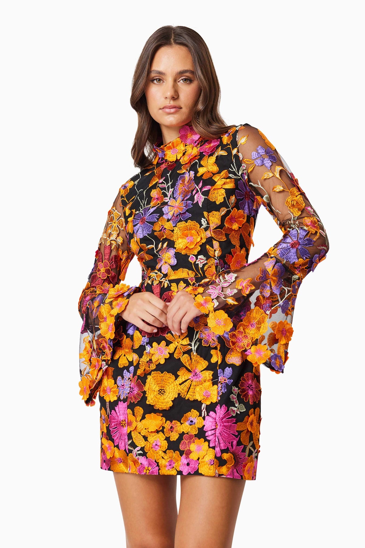 Alessandra Floral Long Sleeve Mini Dress In Orange