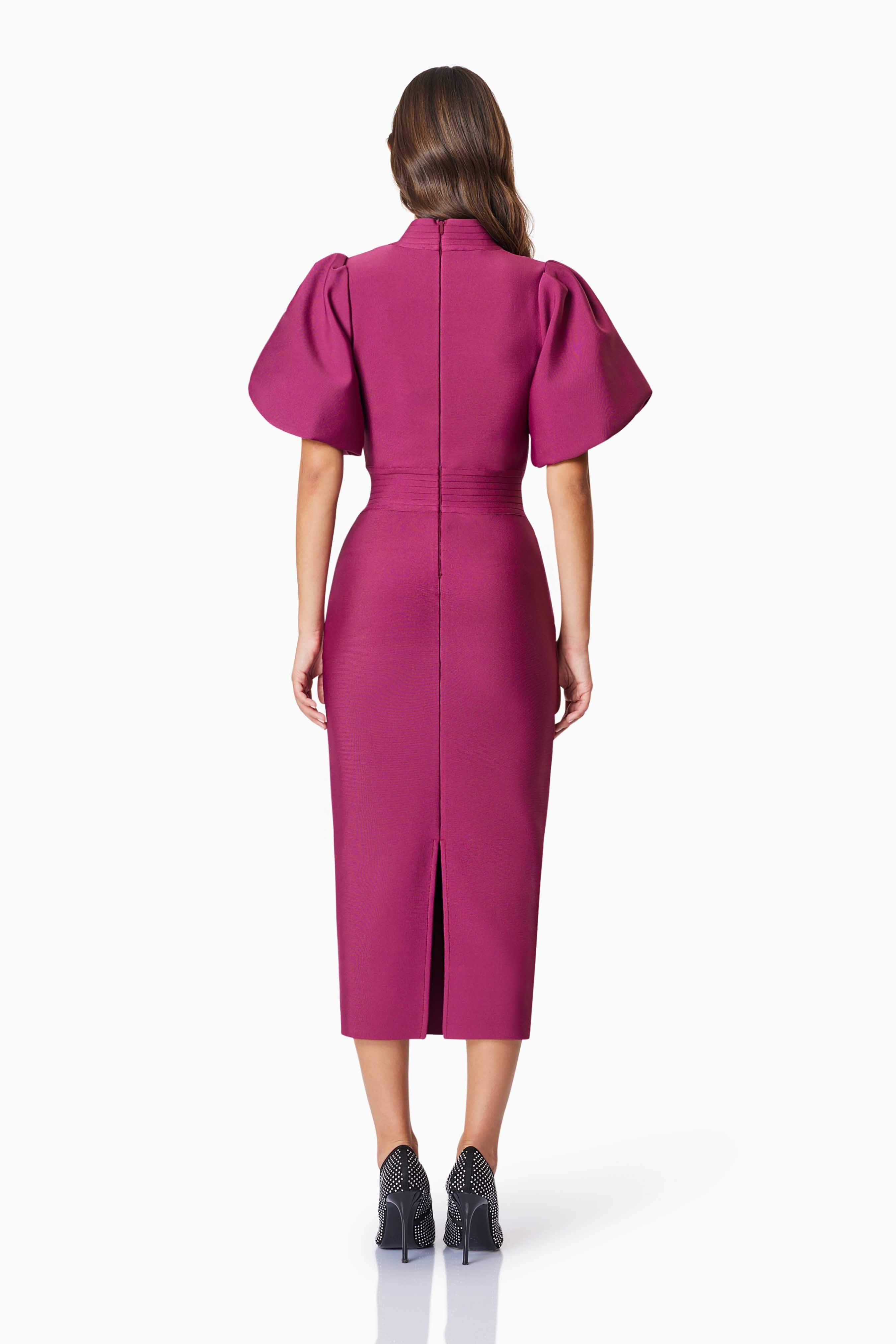 Ella Puff Sleeve Midi Dress In Burgundy