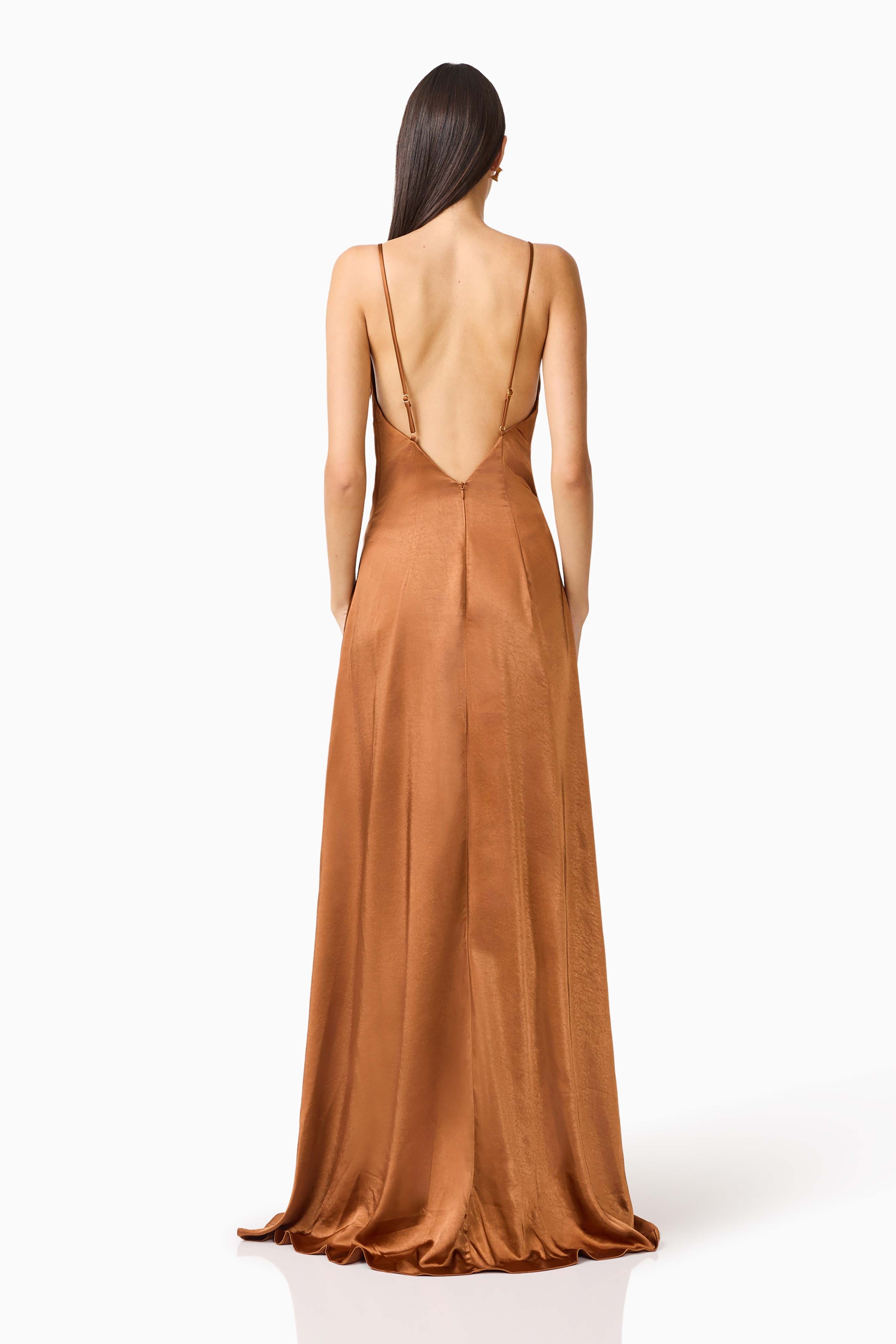 Clementine Cowl Neck Gown in Toffee Brown