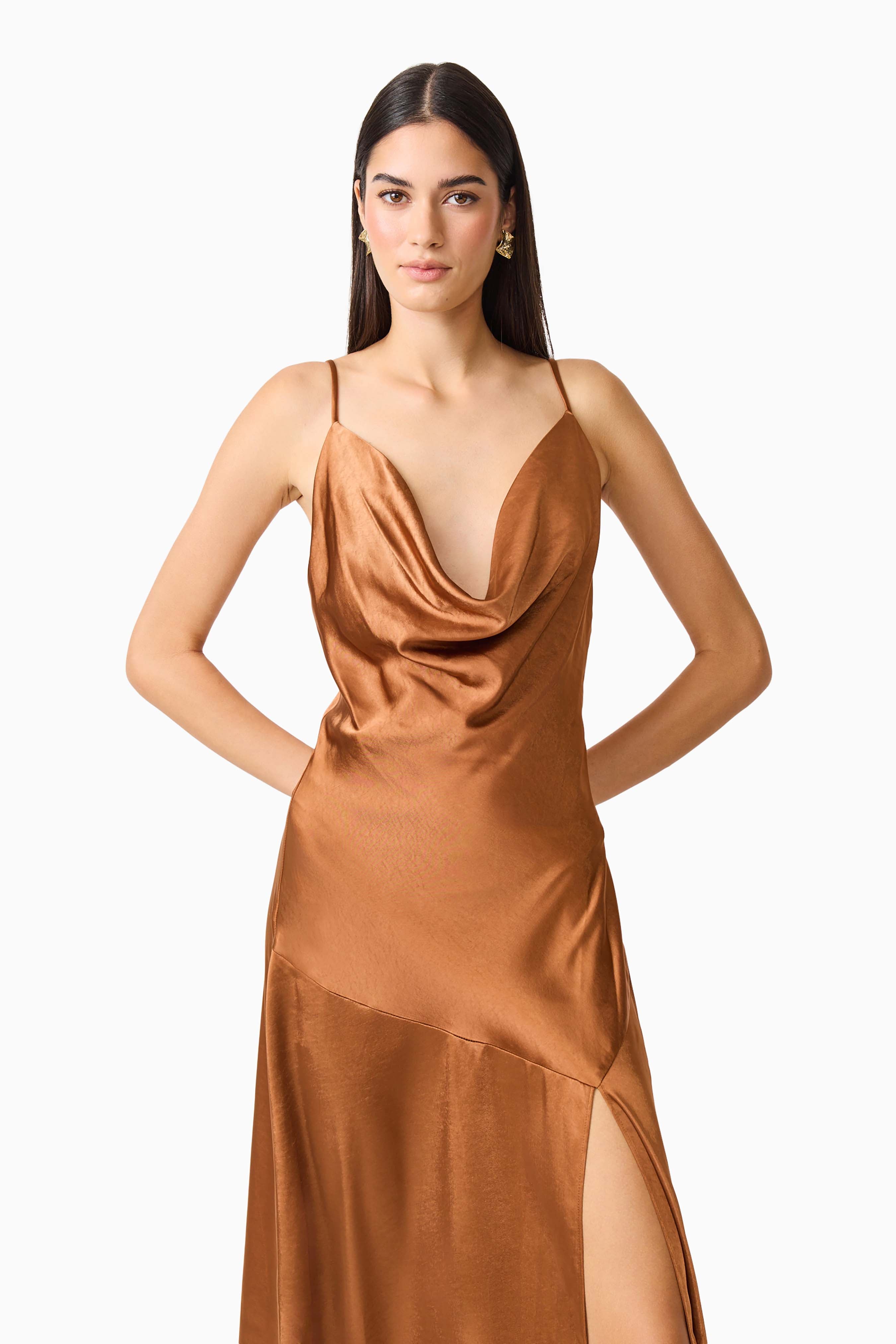 Clementine Cowl Neck Gown in Toffee Brown