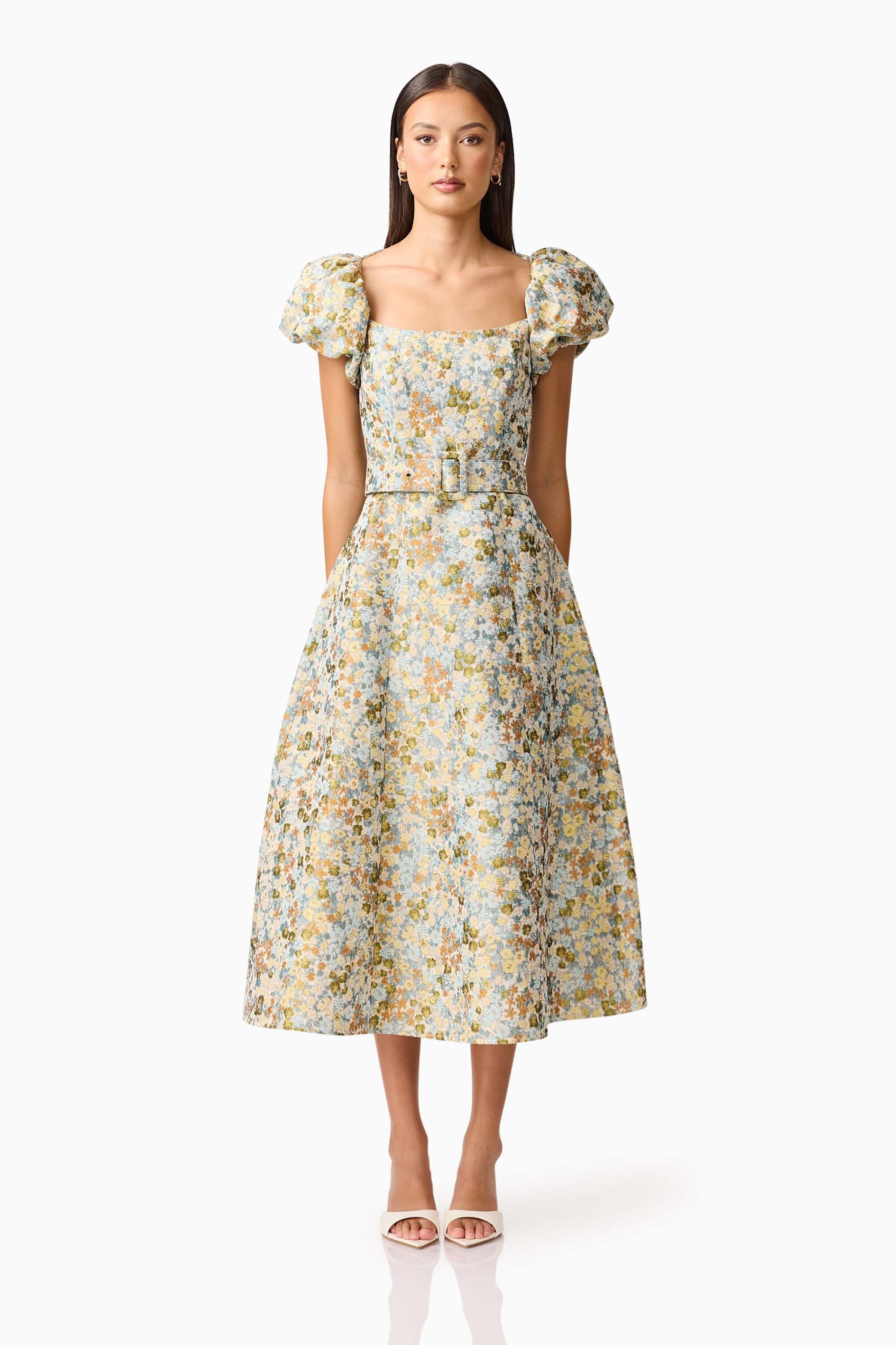 Tasmin Puff Sleeve Midi Dress in Blue & Yellow Floral