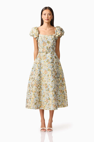 Tasmin Puff Sleeve Midi Dress in Blue & Yellow Floral