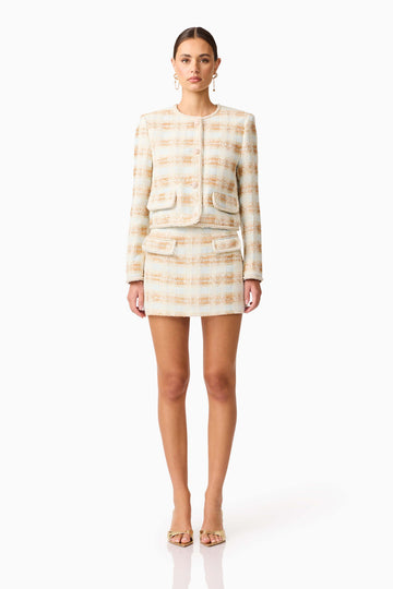 Ashlyn Long Sleeve Tweed Set in White & Gold