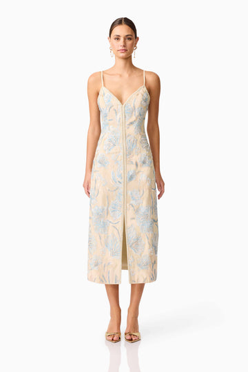 Nia Embroidered Midi Dress in Biege
