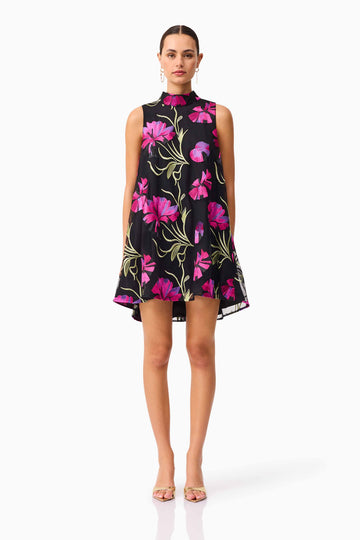 Amaya High Neck Mini Dress in Black & Pink Floral