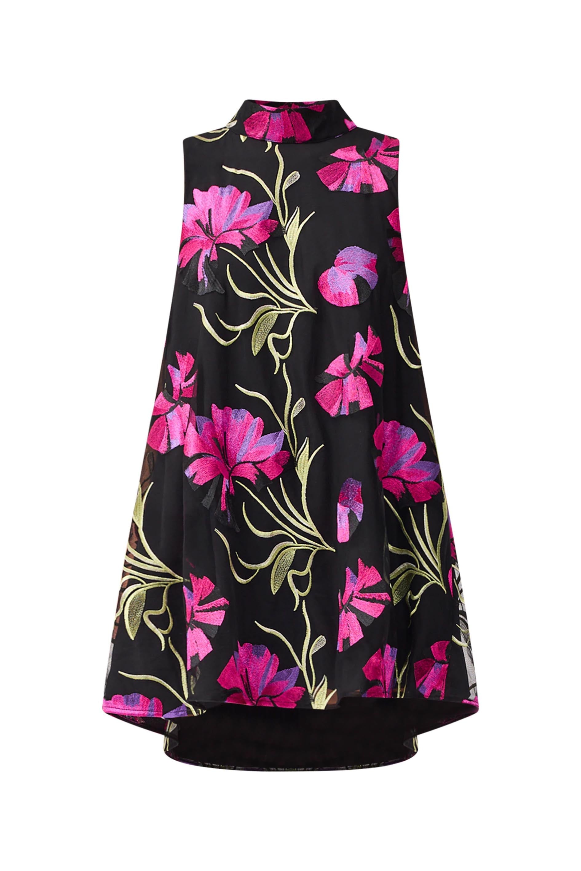 Amaya High Neck Mini Dress in Black & Pink Floral