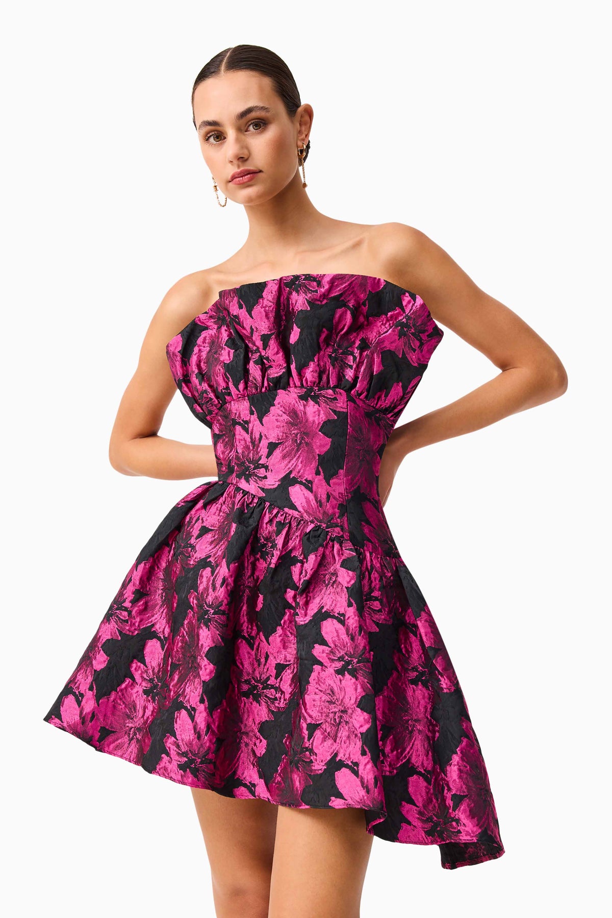 Holly Asymmetrical Mini Dress in Pink & Black Floral