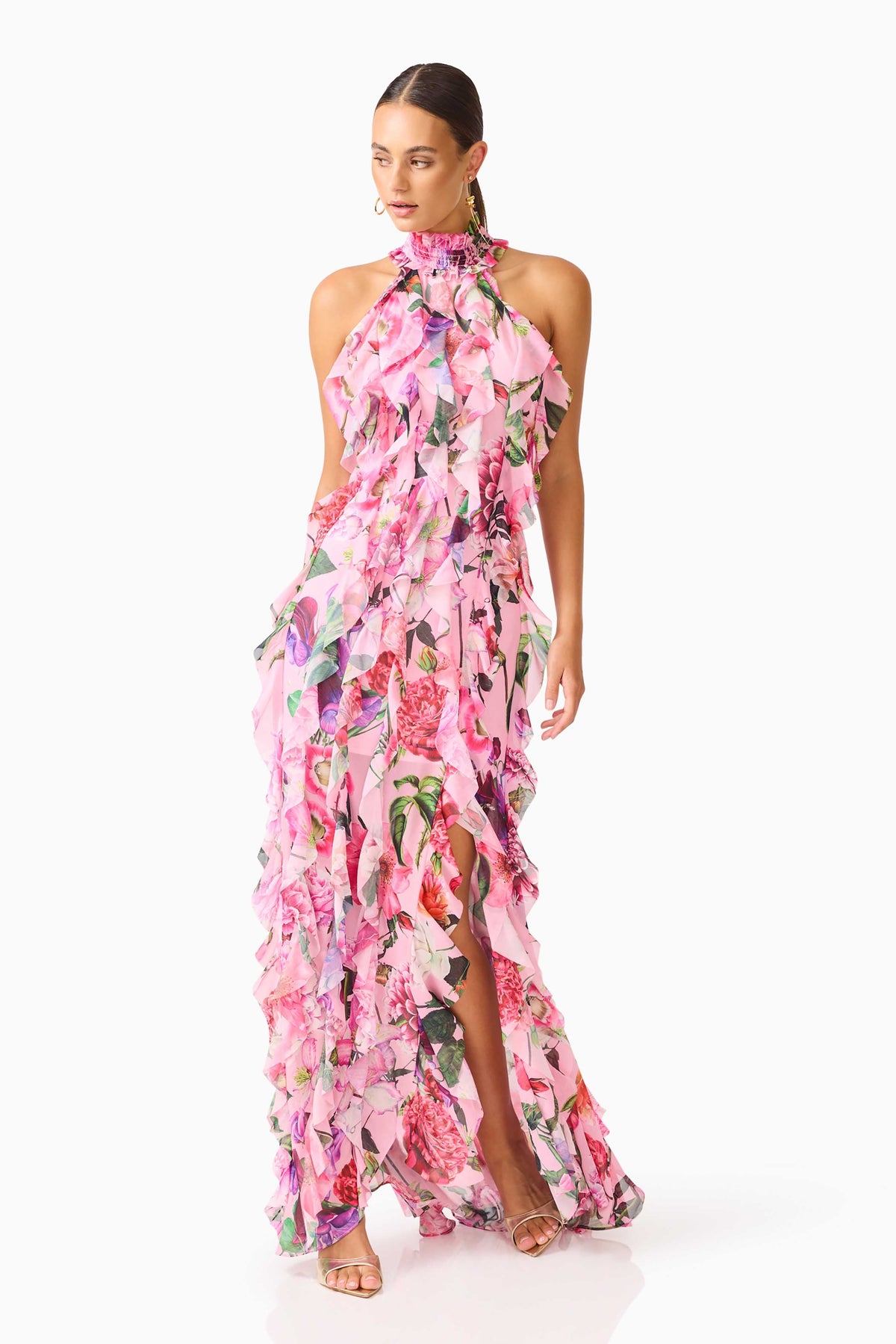 Solene Halter Gown in Pink Floral