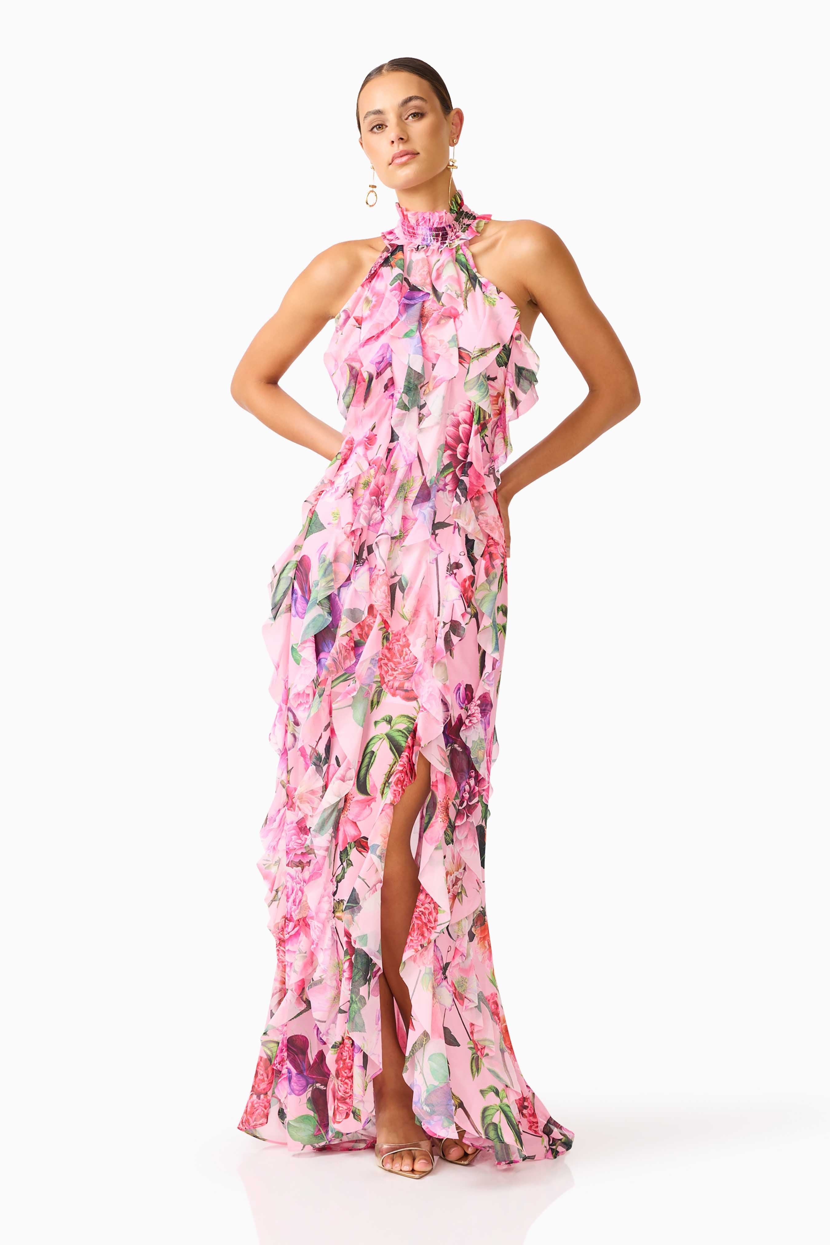 Solene Halter Gown in Pink Floral