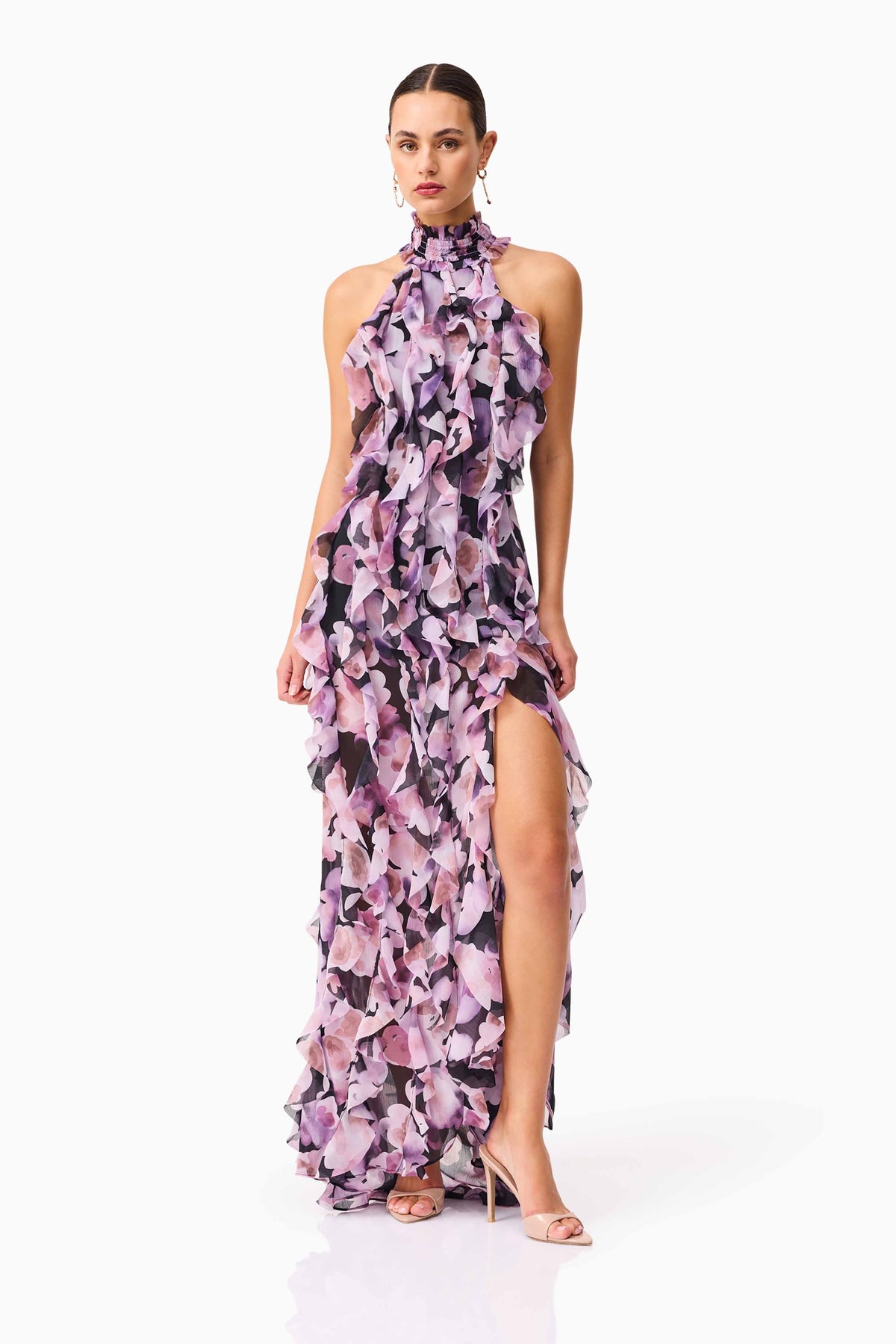 Solene Halter Gown in Purple Floral