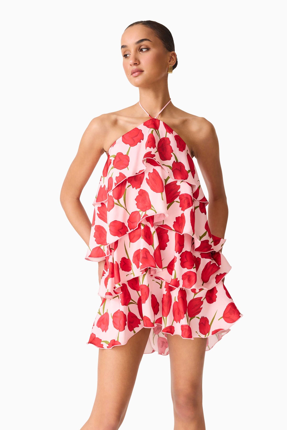 Melia Halter Mini Dress in Pink & Red Floral