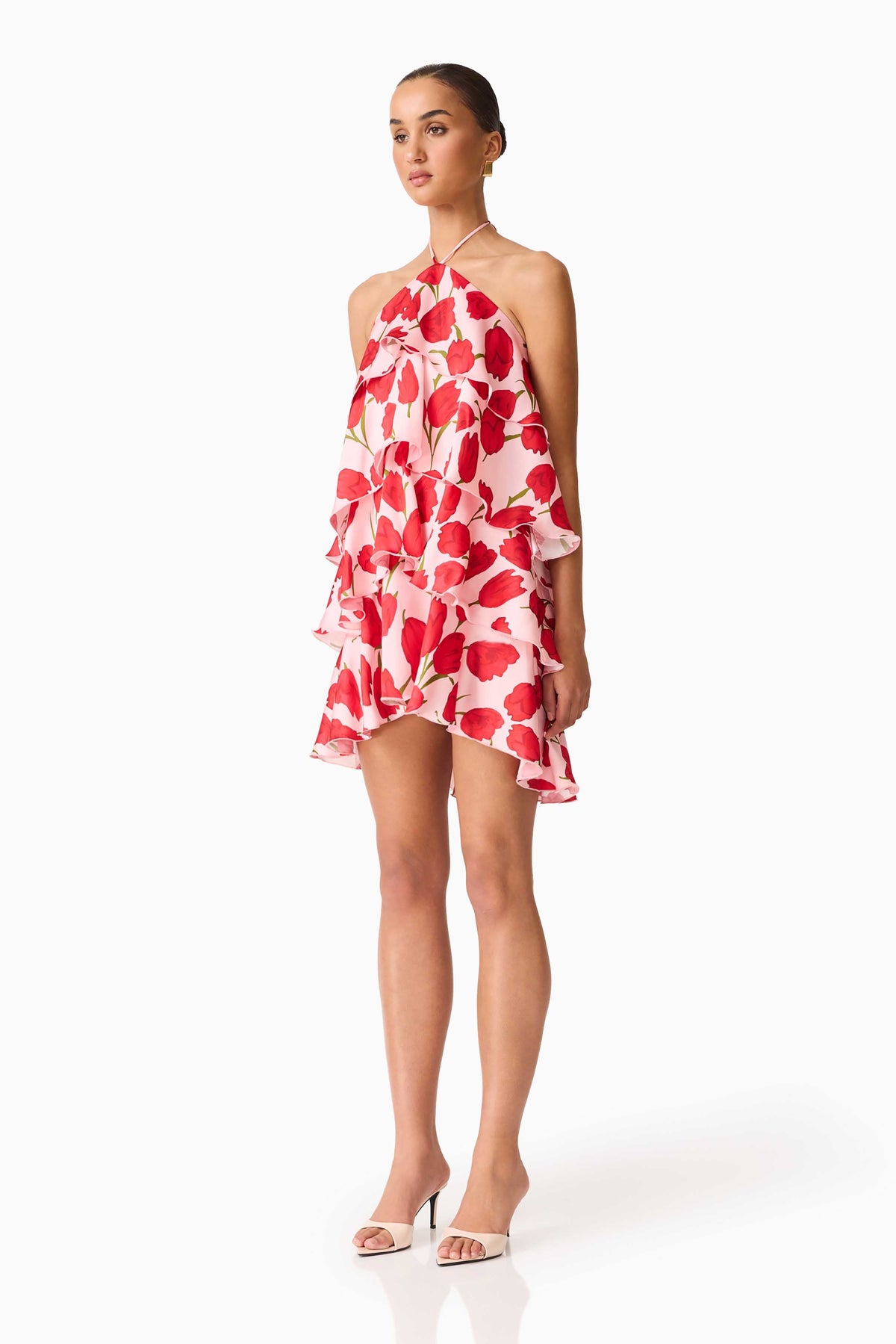 Melia Halter Mini Dress in Pink & Red Floral