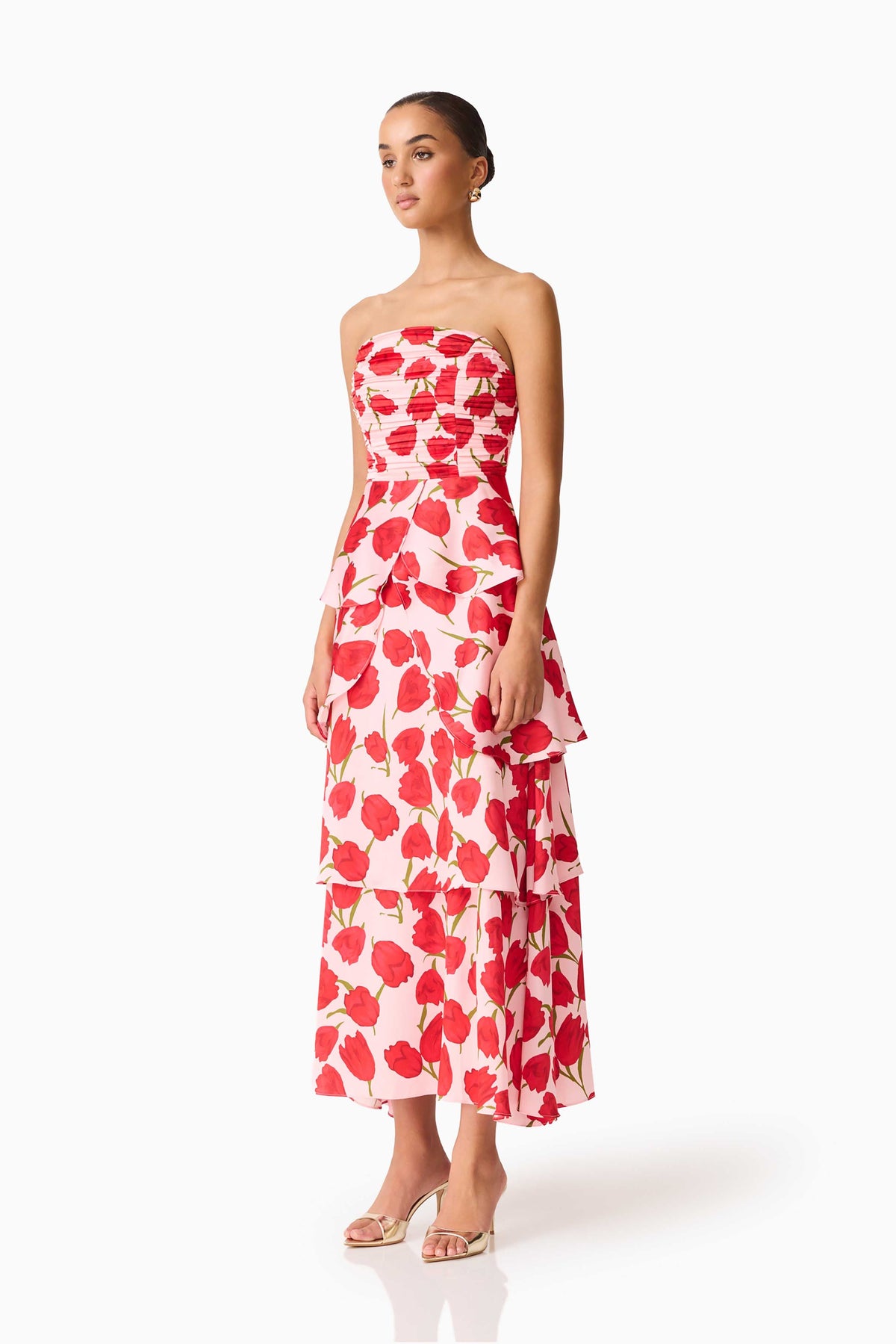 Melia Tiered Gown in Pink & Red Floral