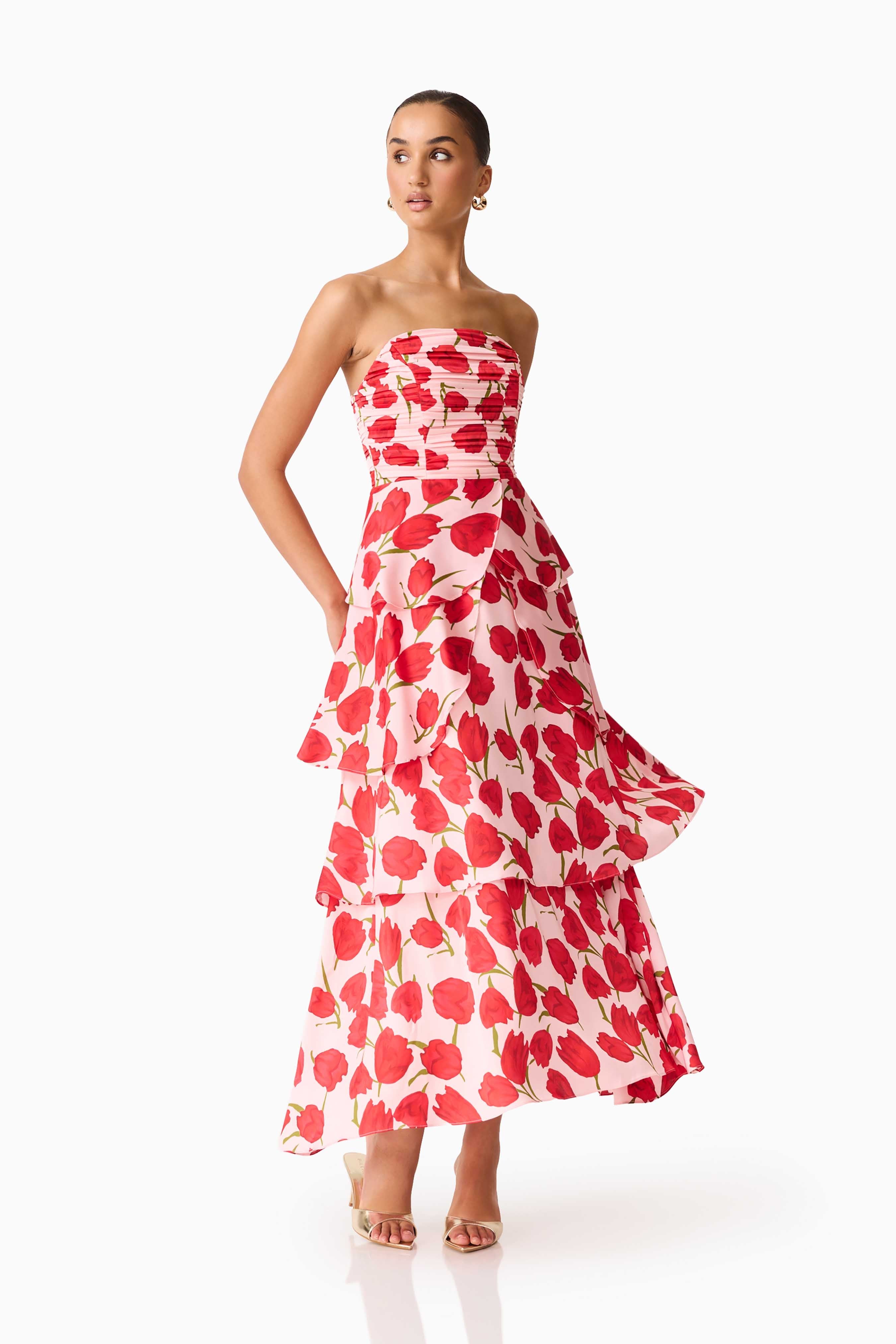 Melia Tiered Gown in Pink & Red Floral