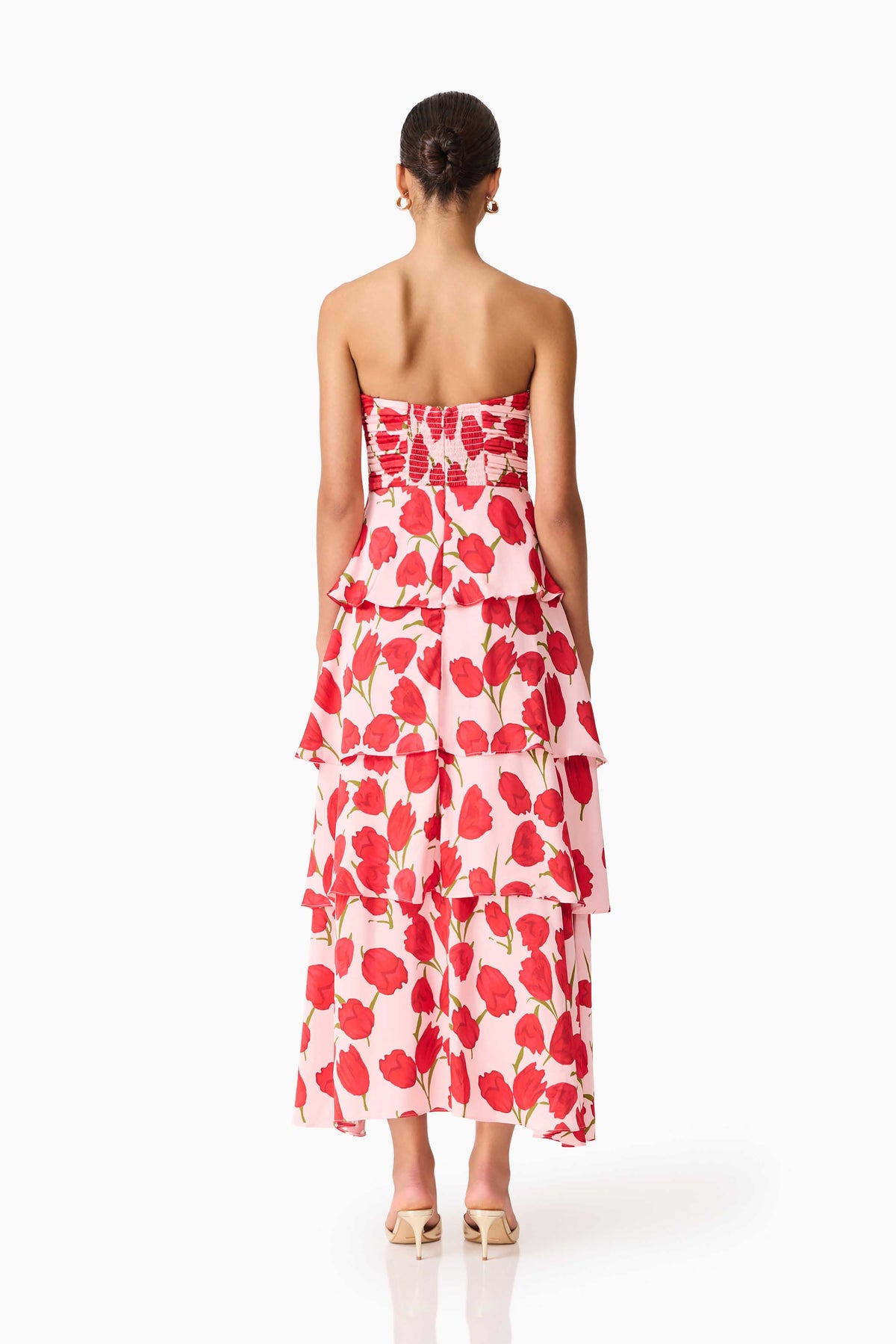 Melia Tiered Gown in Pink & Red Floral