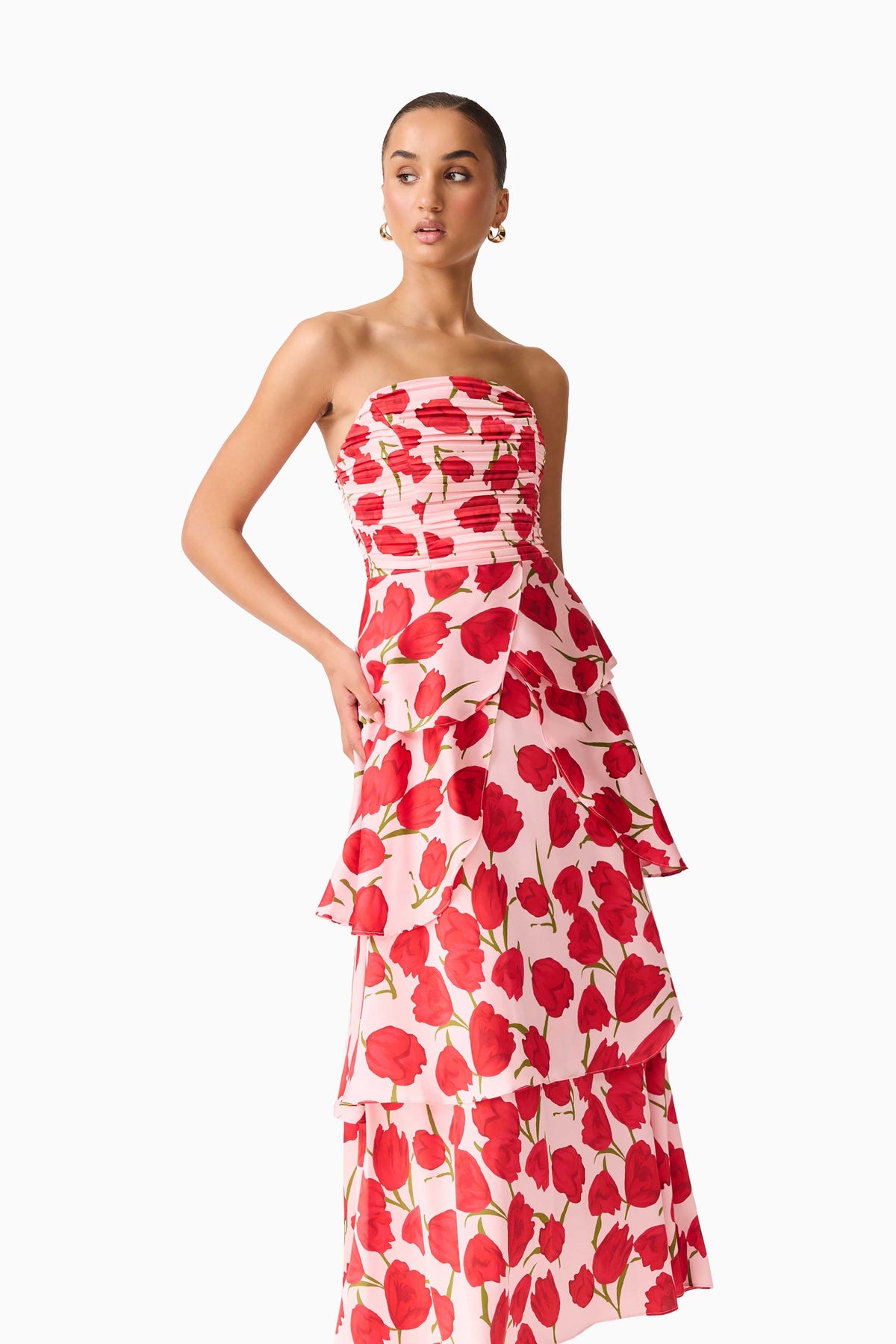 Melia Tiered Gown in Pink & Red Floral
