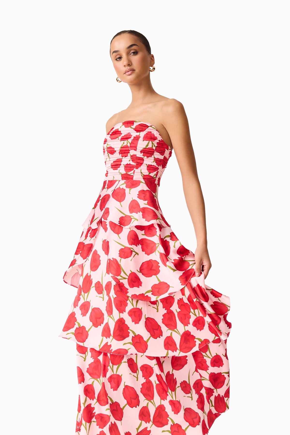 Melia Tiered Gown in Pink & Red Floral