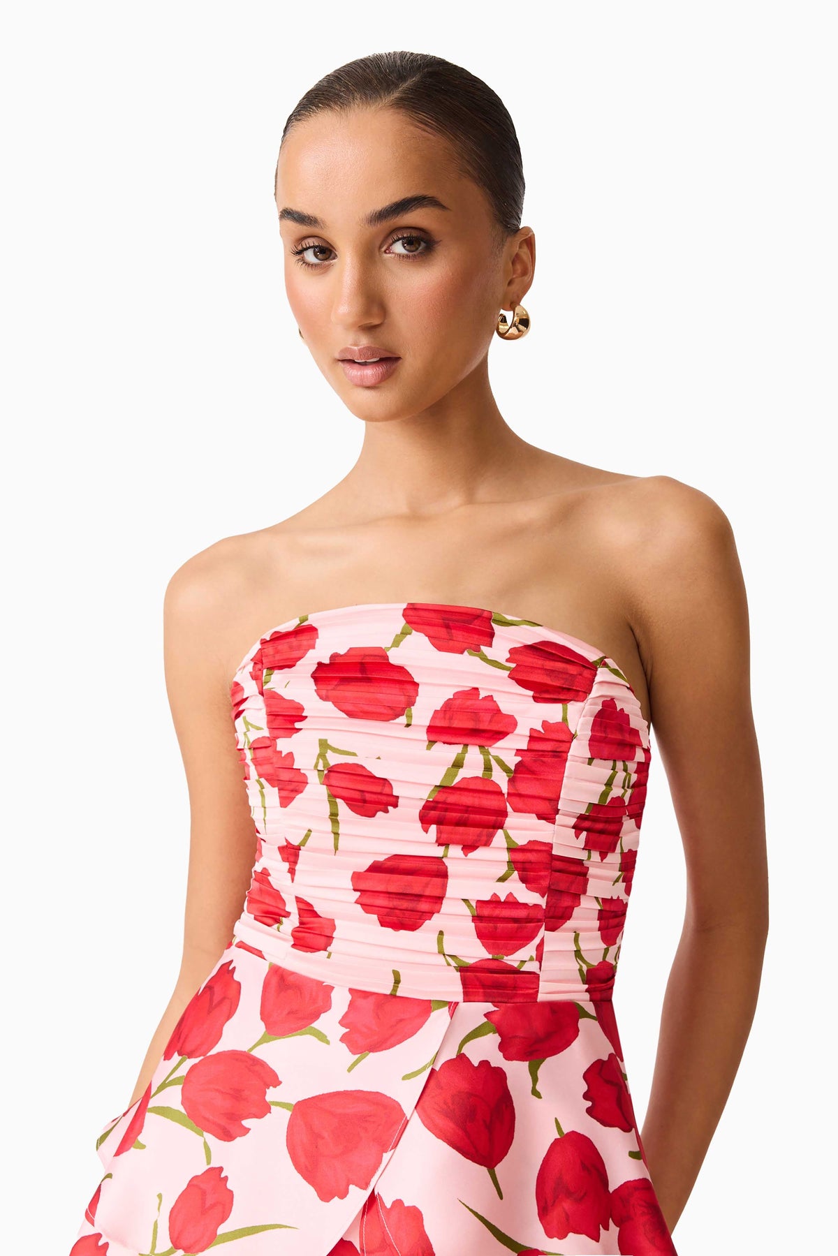 Melia Tiered Gown in Pink & Red Floral