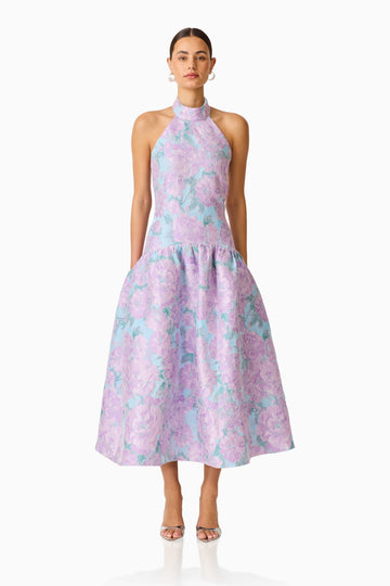 Nolana Halter Midi Dress in Blue & Purple Floral