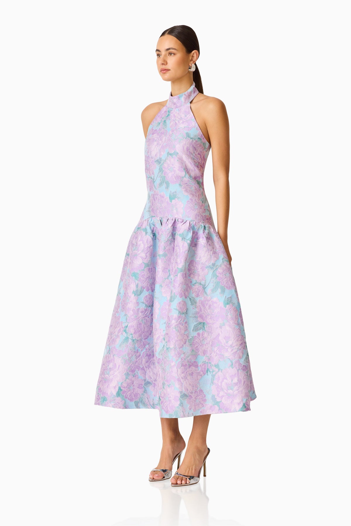 Nolana Halter Midi Dress in Blue & Purple Floral