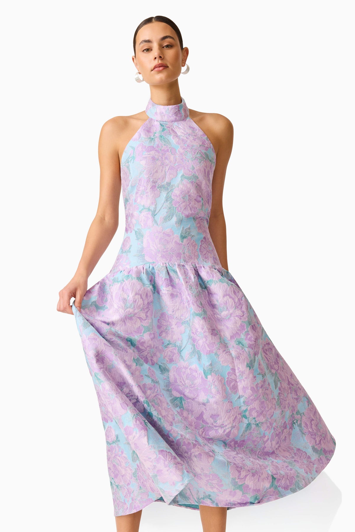 Nolana Halter Midi Dress in Blue & Purple Floral