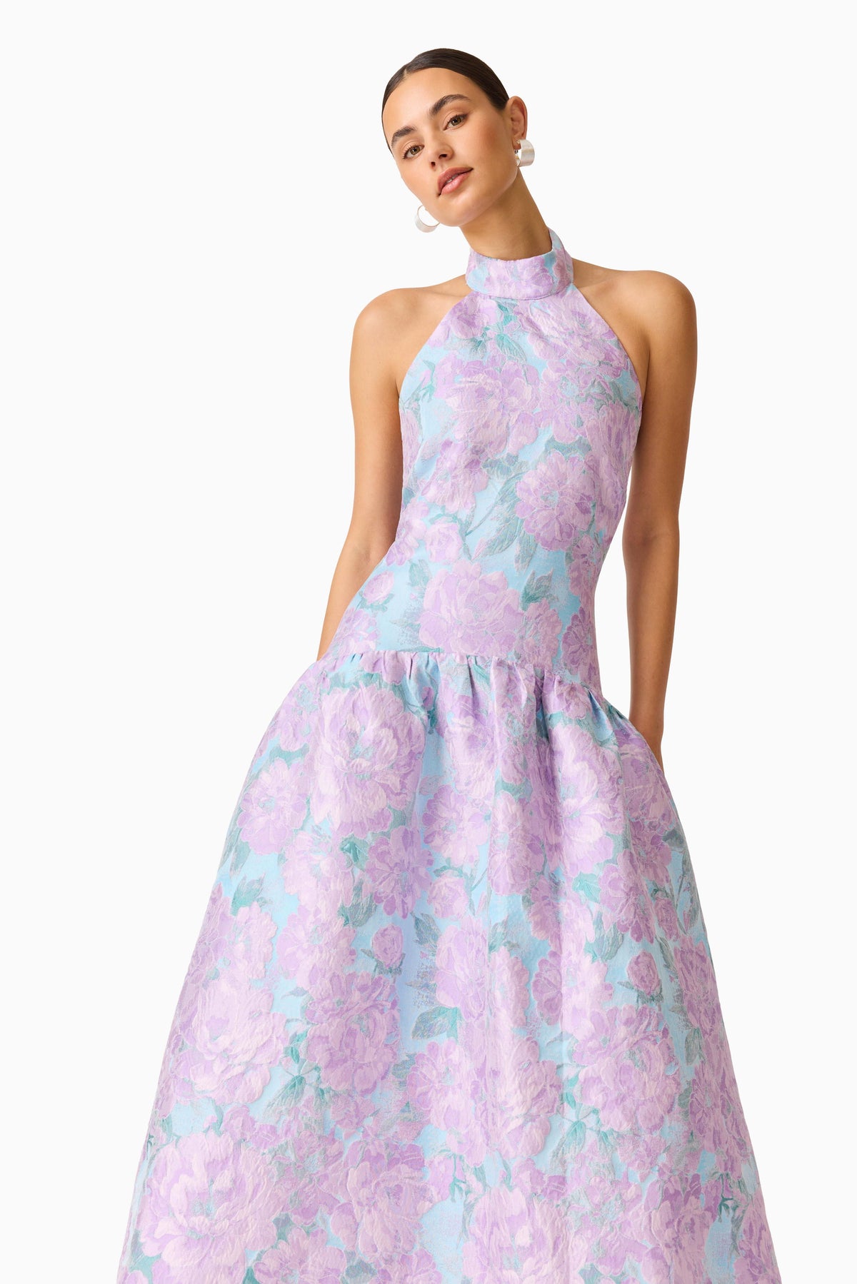 Nolana Halter Midi Dress in Blue & Purple Floral