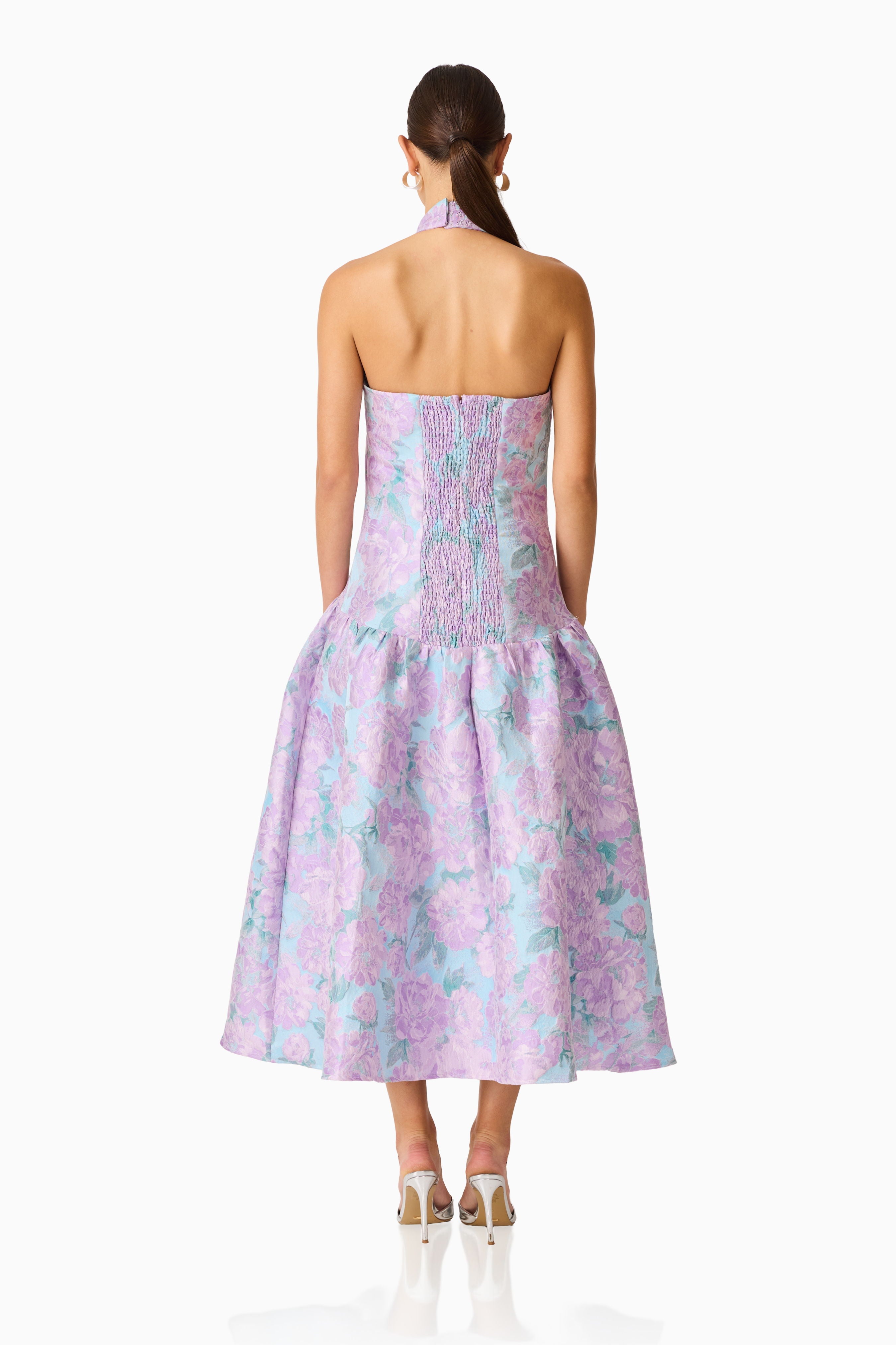 Nolana Halter Midi Dress in Blue & Purple Floral