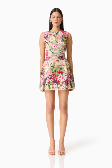 Flora Tulip Mini Dress in Pink & Green Floral