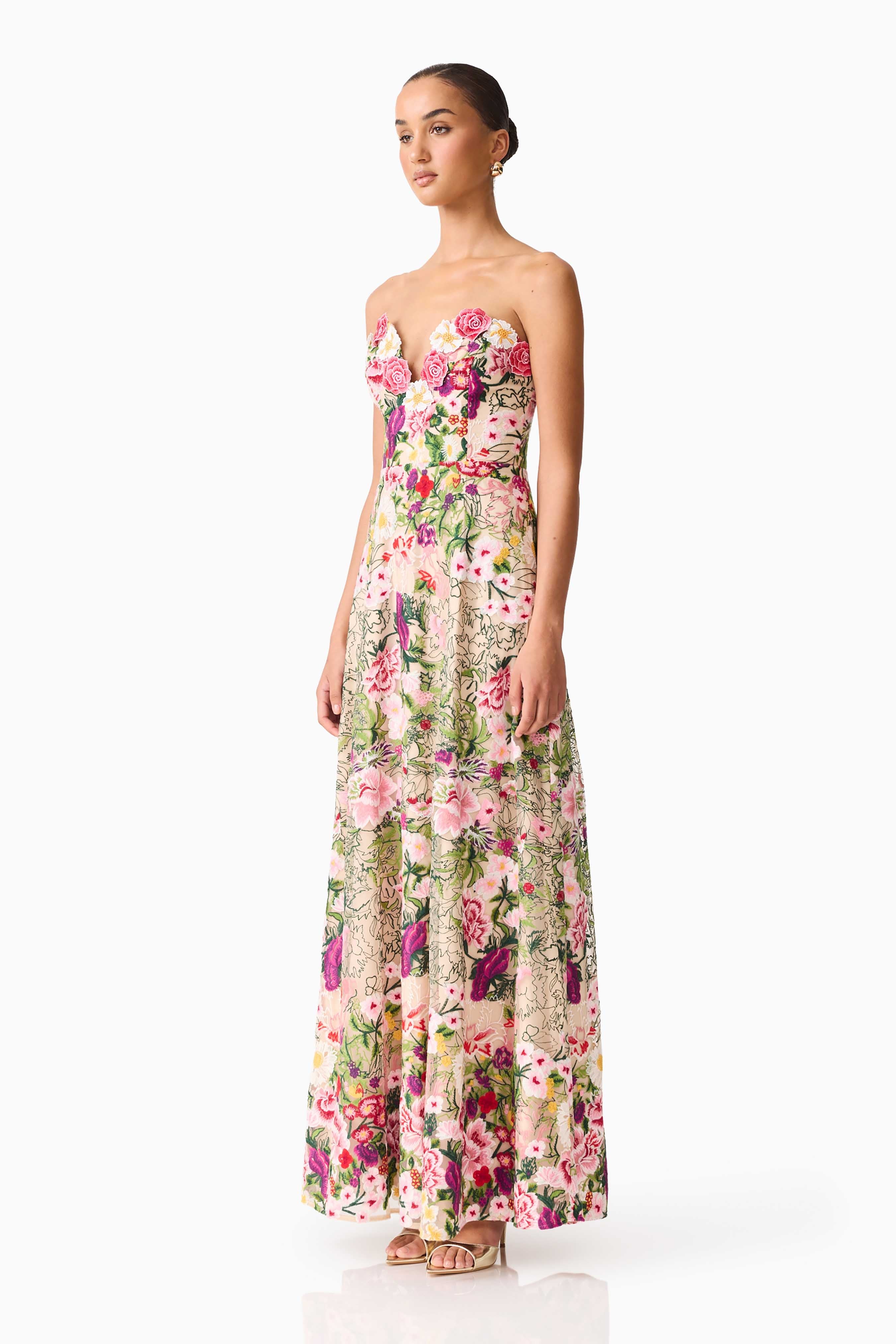 Flora Strapless Gown in Pink & Green Floral