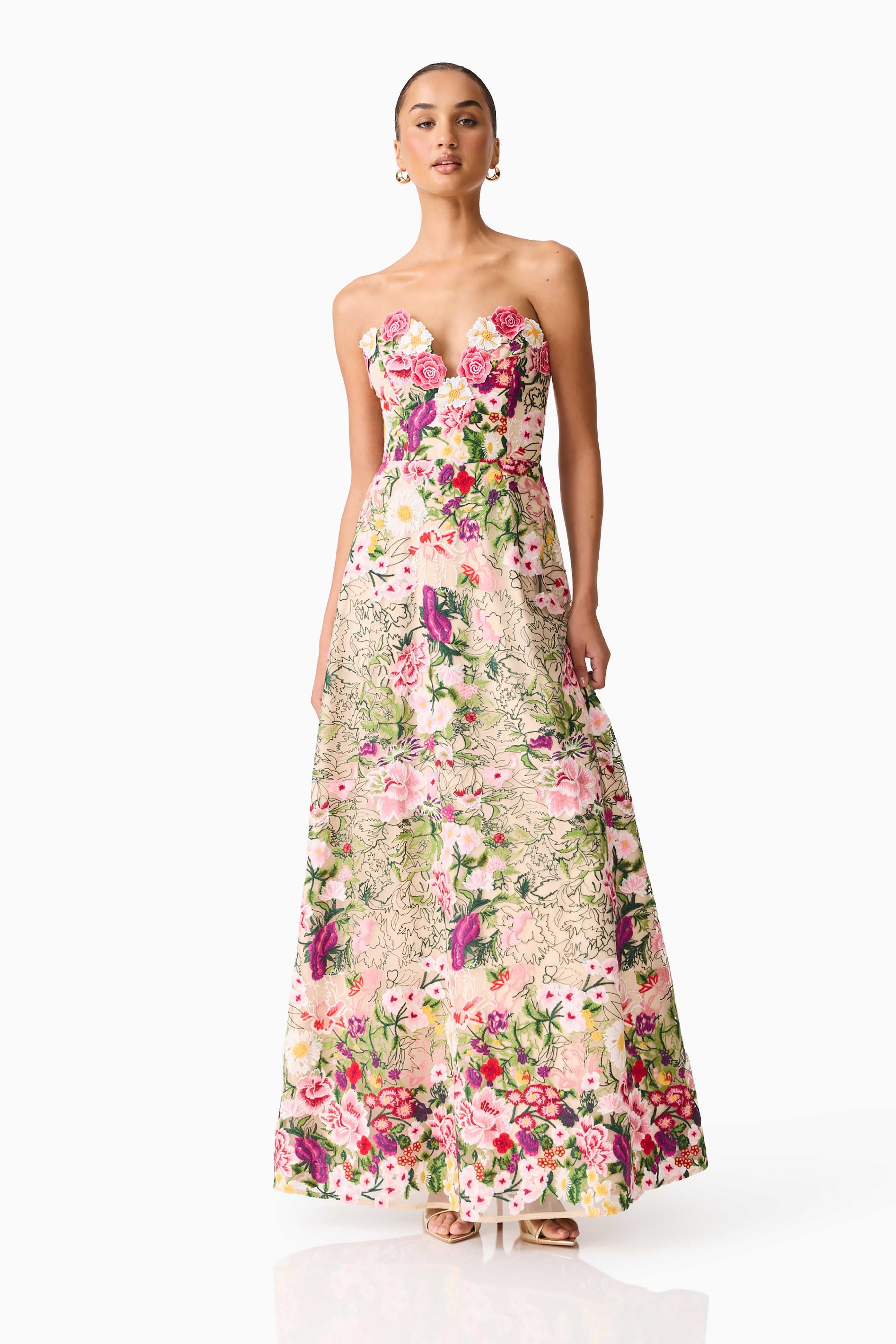 Flora Strapless Gown in Pink & Green Floral